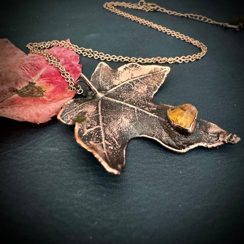 Citrine Real Fall Leaf Necklace / Electroformed Copper Leaf / Nature Inspired Necklace / November Birthstone Necklace / Fall Autumn Necklace