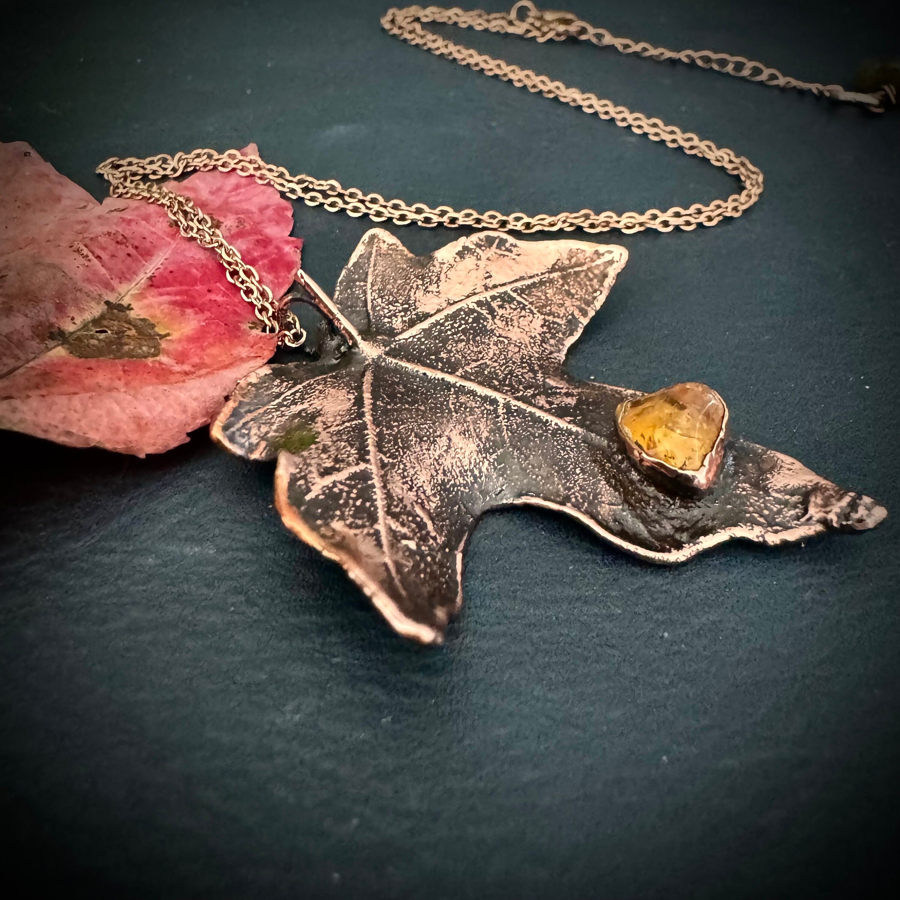 Citrine Real Fall Leaf Necklace / Electroformed Copper Leaf / Nature Inspired Necklace / November Birthstone Necklace / Fall Autumn Necklace