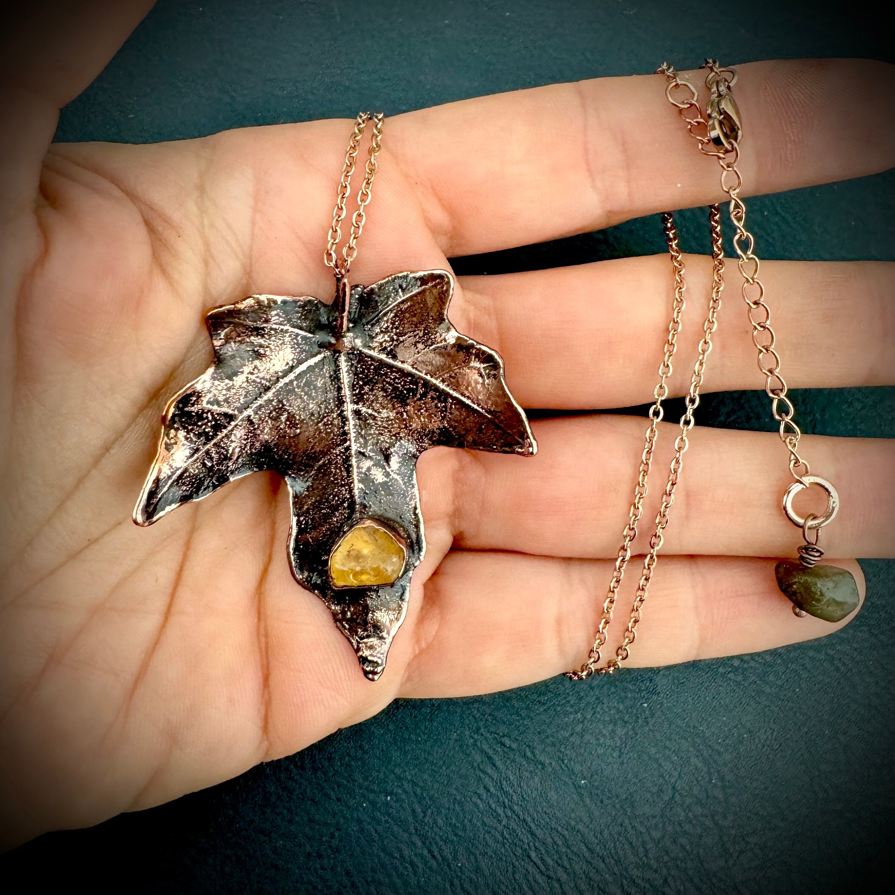 Citrine Real Fall Leaf Necklace / Electroformed Copper Leaf / Nature Inspired Necklace / November Birthstone Necklace / Fall Autumn Necklace