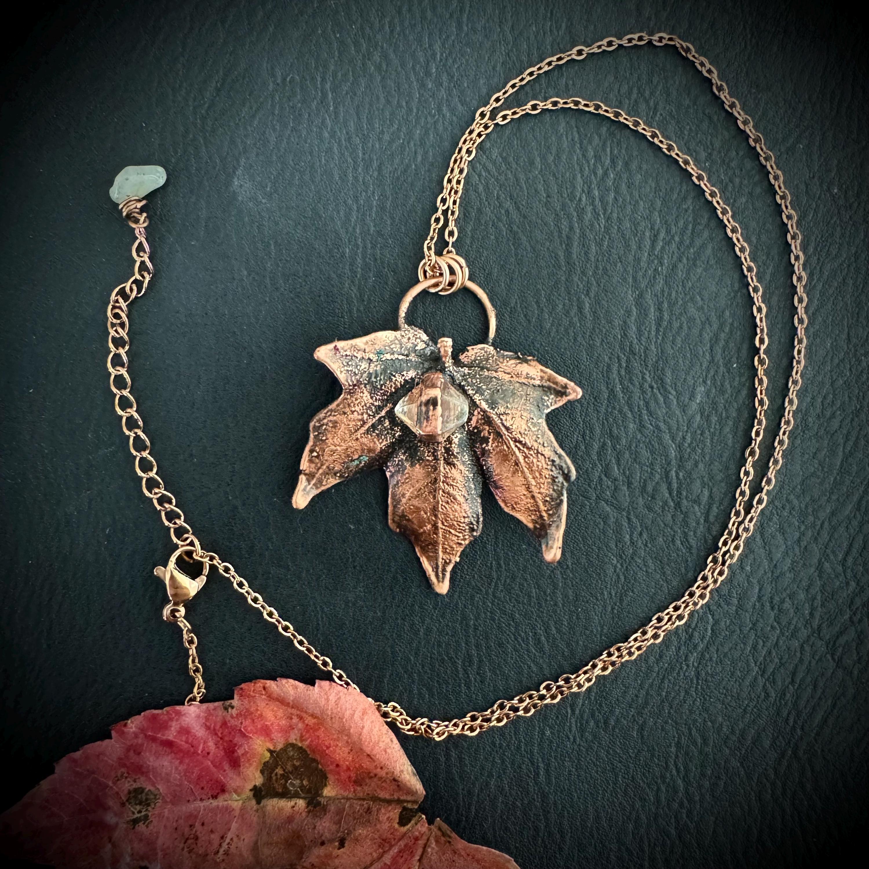 Herkimer Diamond Leaf Necklace: Electroformed Copper, Nature Inspired