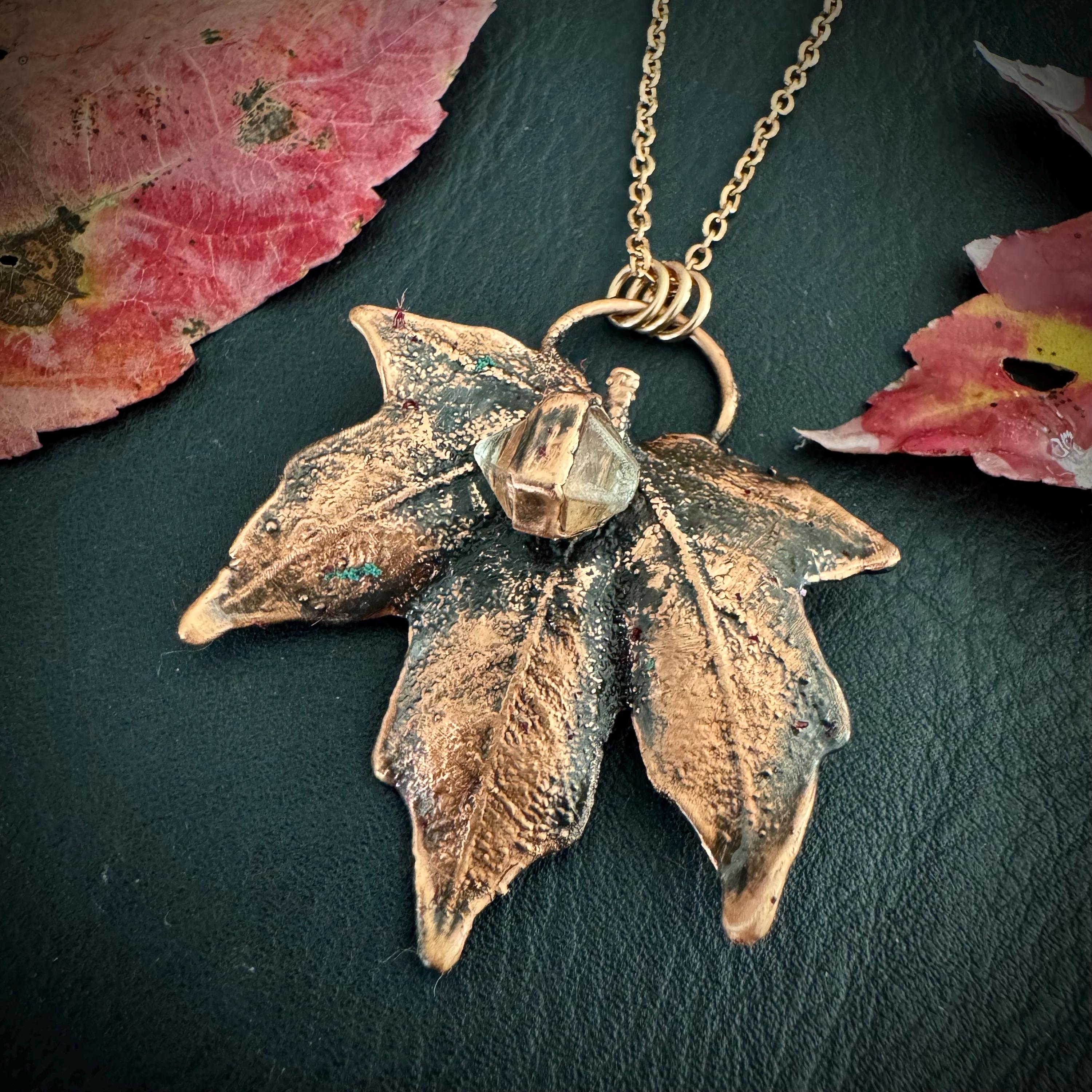 Herkimer Diamond Leaf Necklace: Electroformed Copper, Nature Inspired