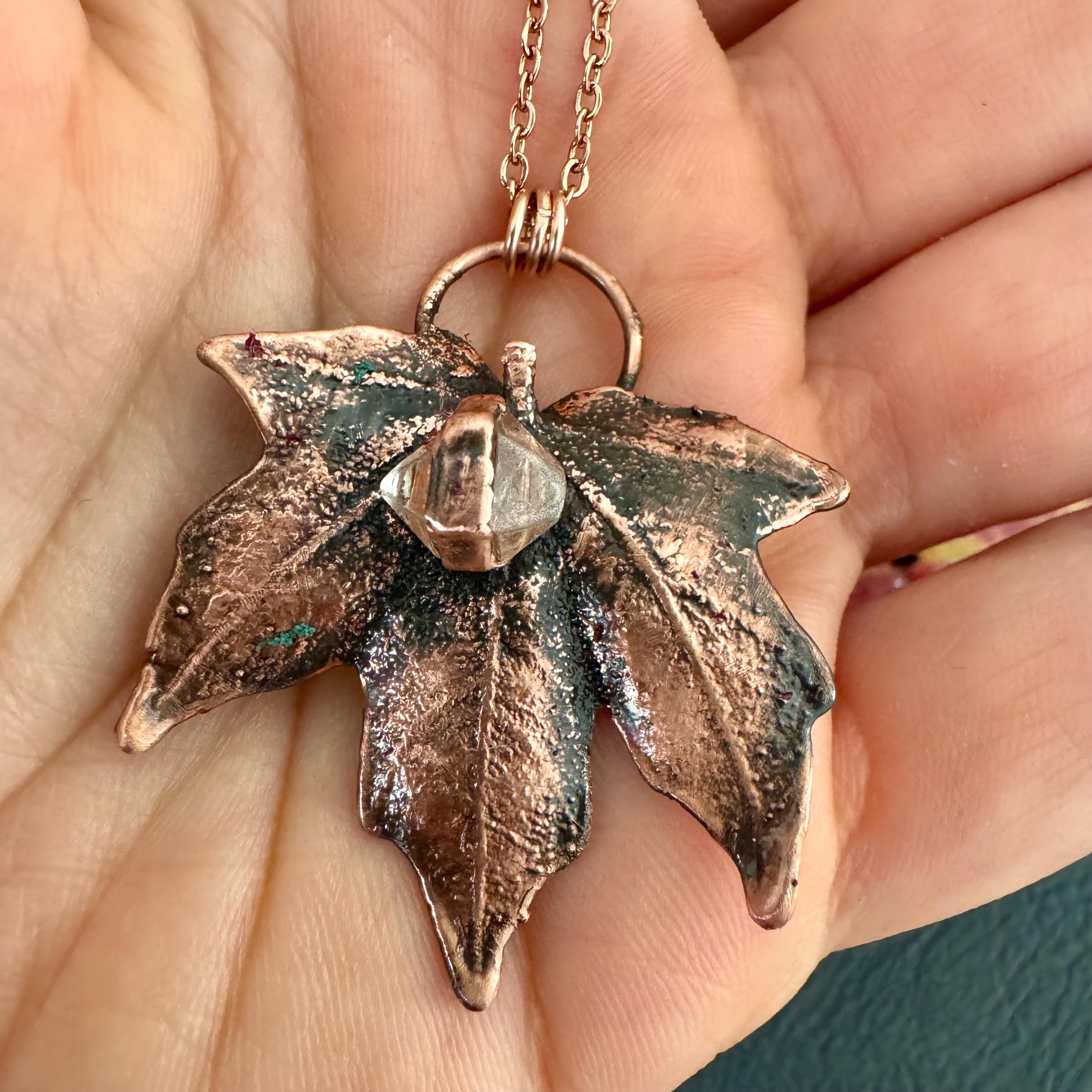 Herkimer Diamond Leaf Necklace: Electroformed Copper, Nature Inspired
