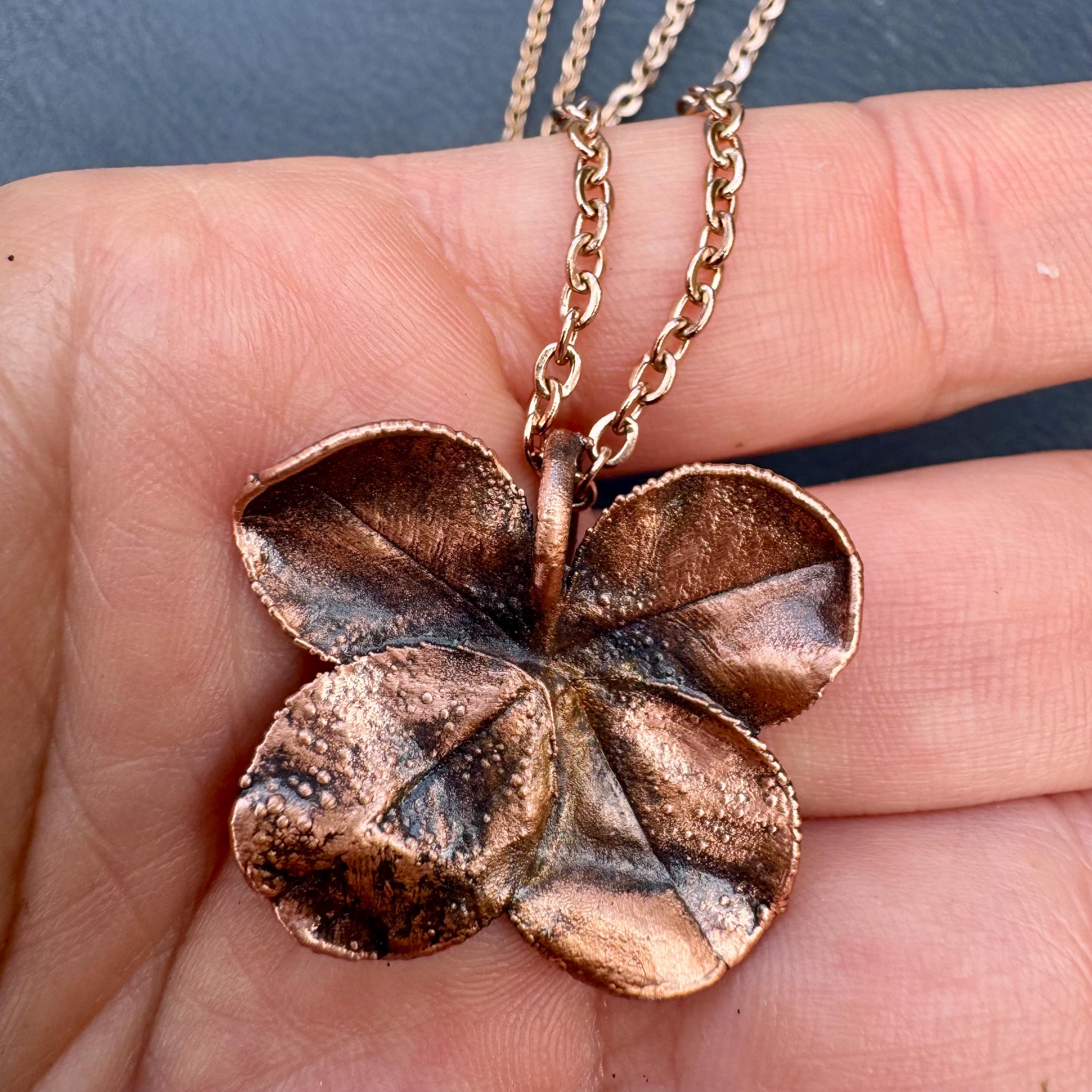 Electroformed Copper Four Leaf Clover Necklace: Botanical Jewelry