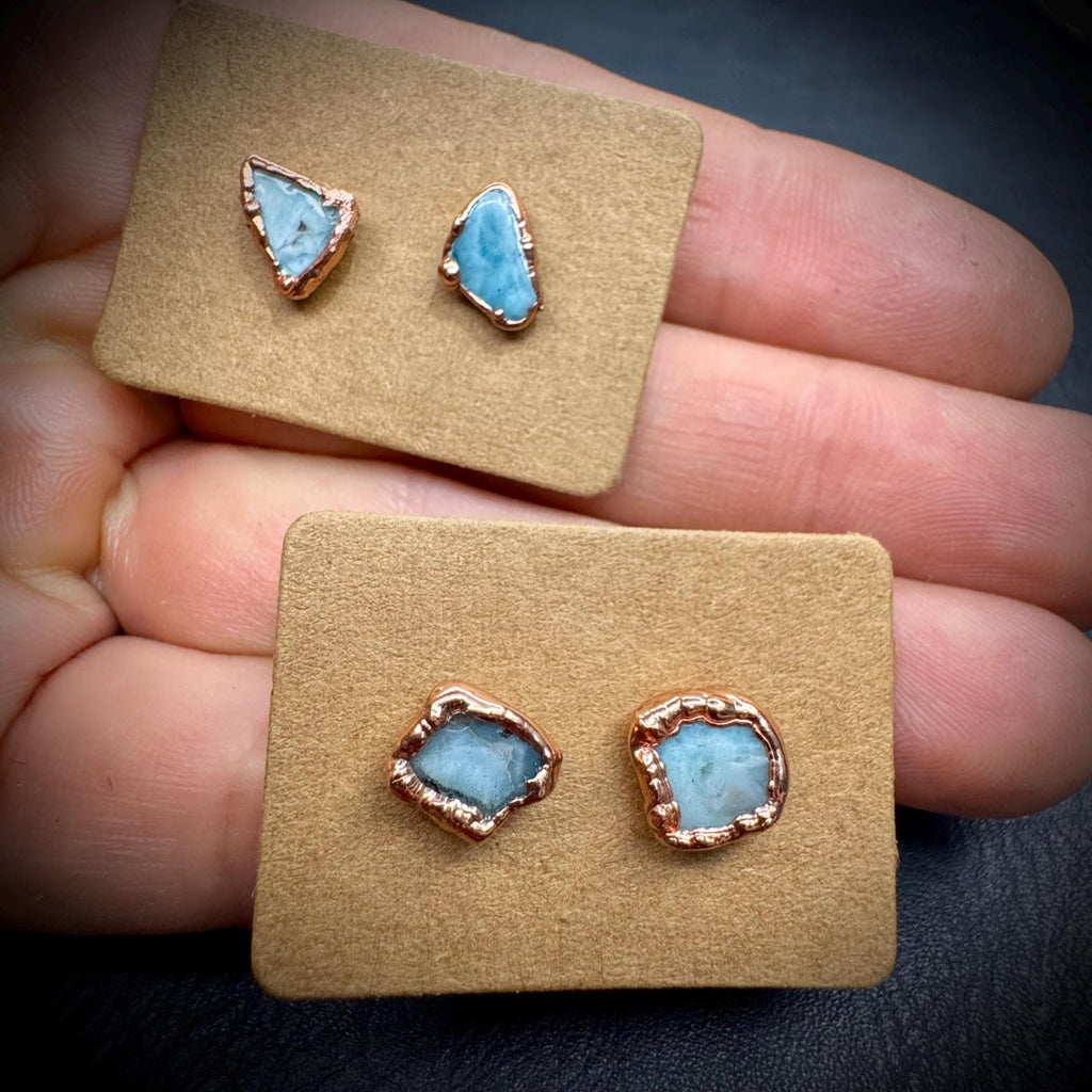 Larimar Stud Earrings: Small Raw Crystal, Electroformed Copper