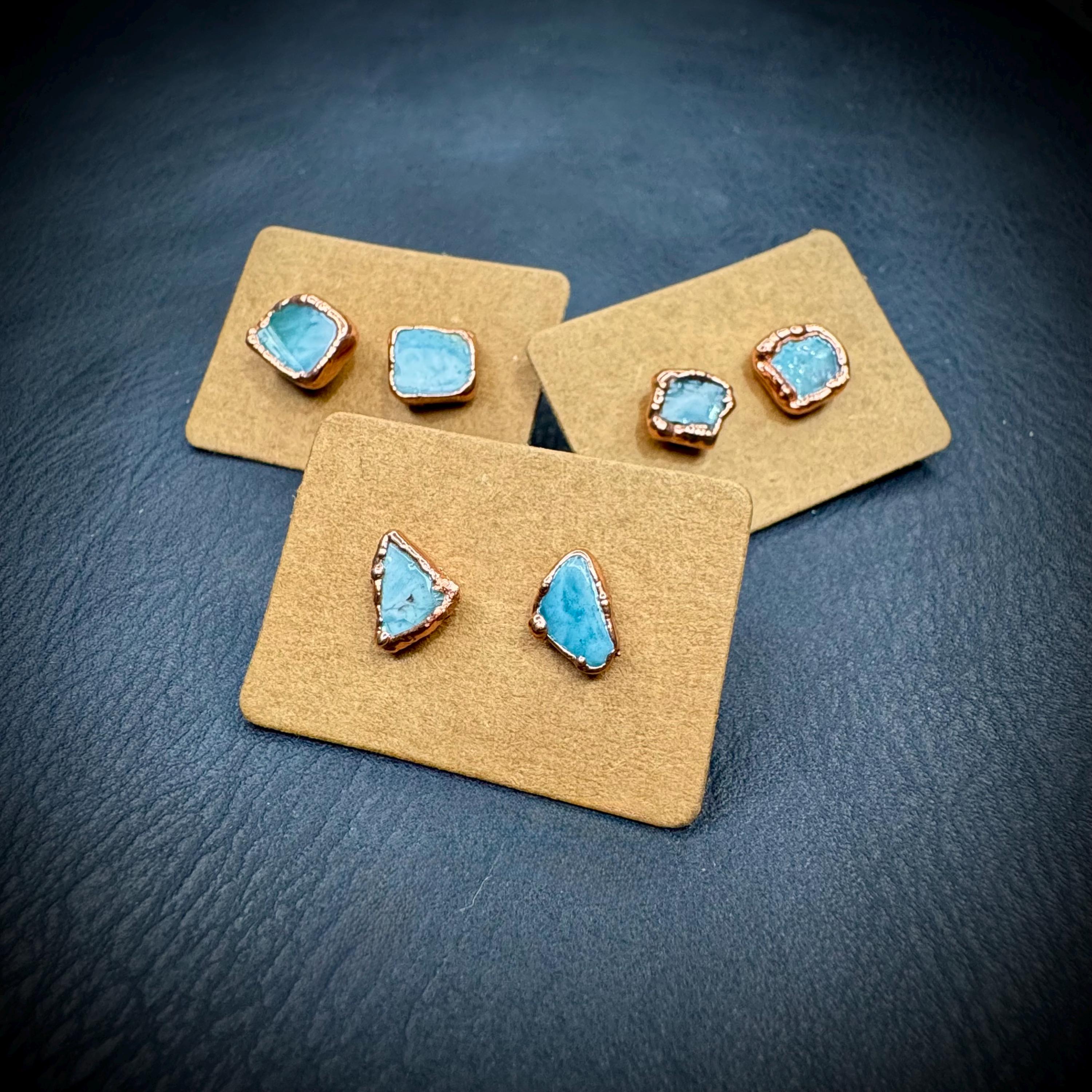 Larimar Stud Earrings: Small Raw Crystal, Electroformed Copper