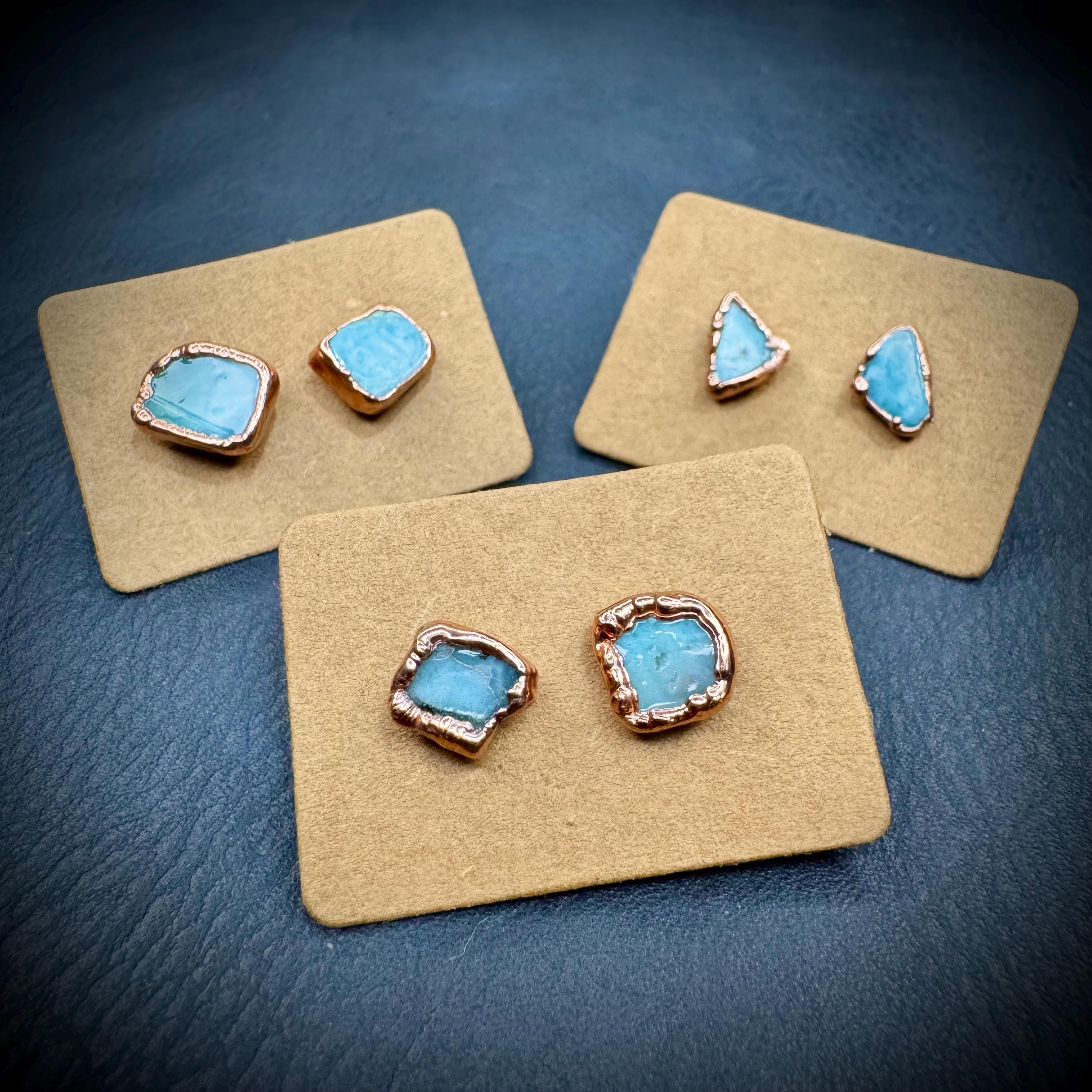 Larimar Stud Earrings: Small Raw Crystal, Electroformed Copper