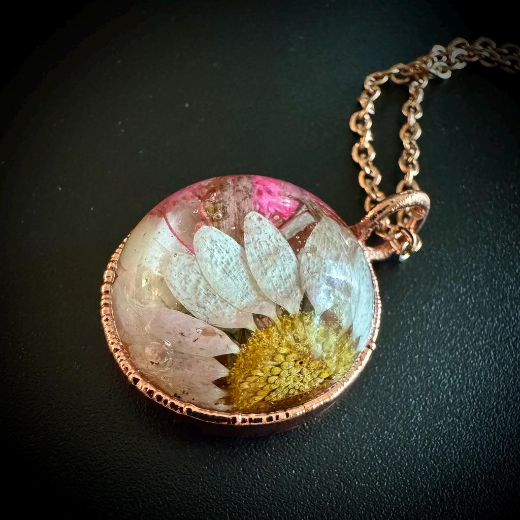 Electroformed Copper Flower Pendant: Dried Floral Resin Necklace