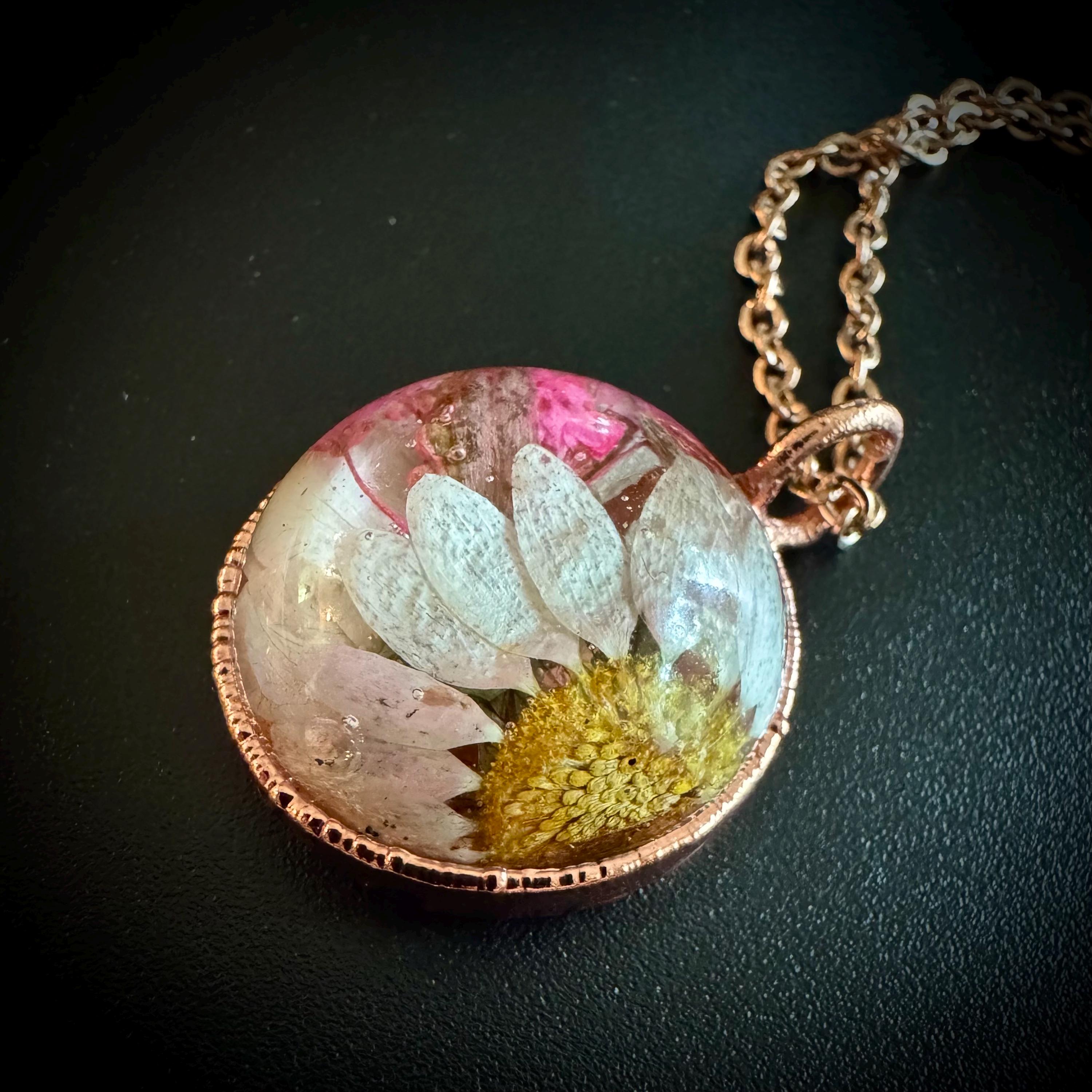 Electroformed Copper Flower Pendant: Dried Floral Resin Necklace