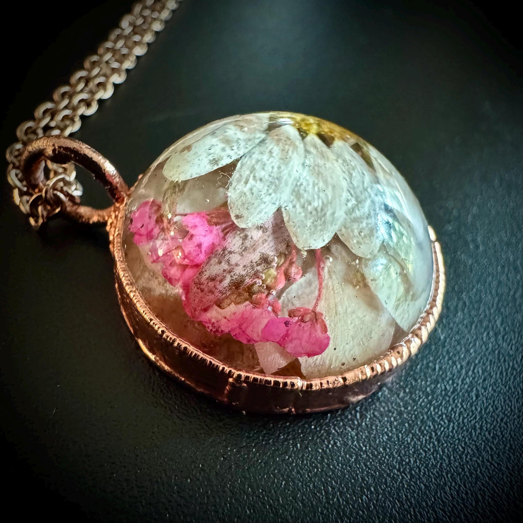 Electroformed Copper Flower Pendant: Dried Floral Resin Necklace