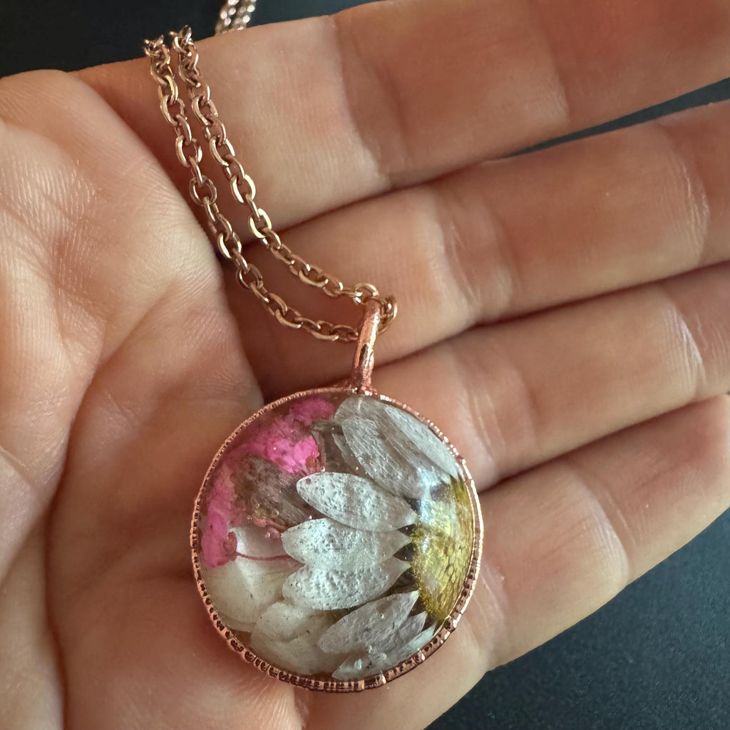 Electroformed Copper Flower Pendant: Dried Floral Resin Necklace