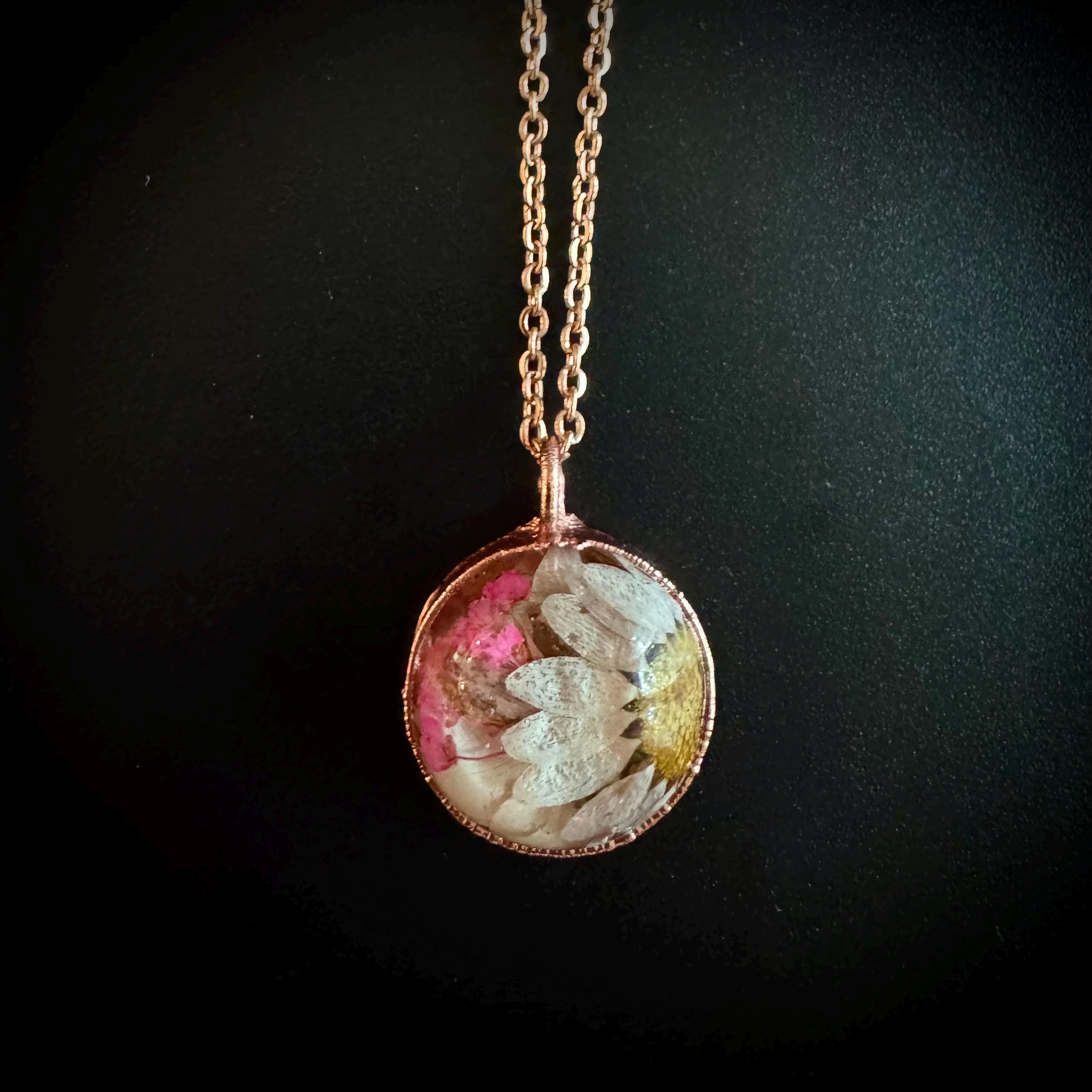Electroformed Copper Flower Pendant: Dried Floral Resin Necklace