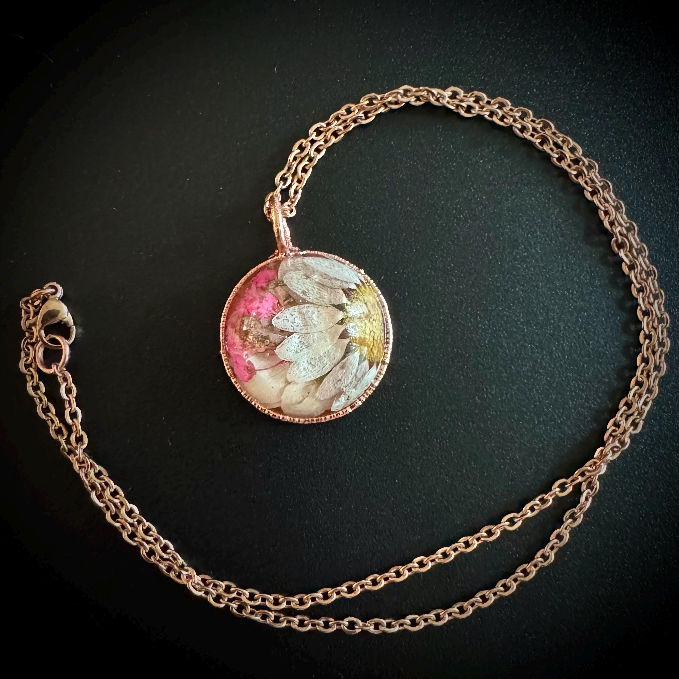 Electroformed Copper Flower Pendant: Dried Floral Resin Necklace