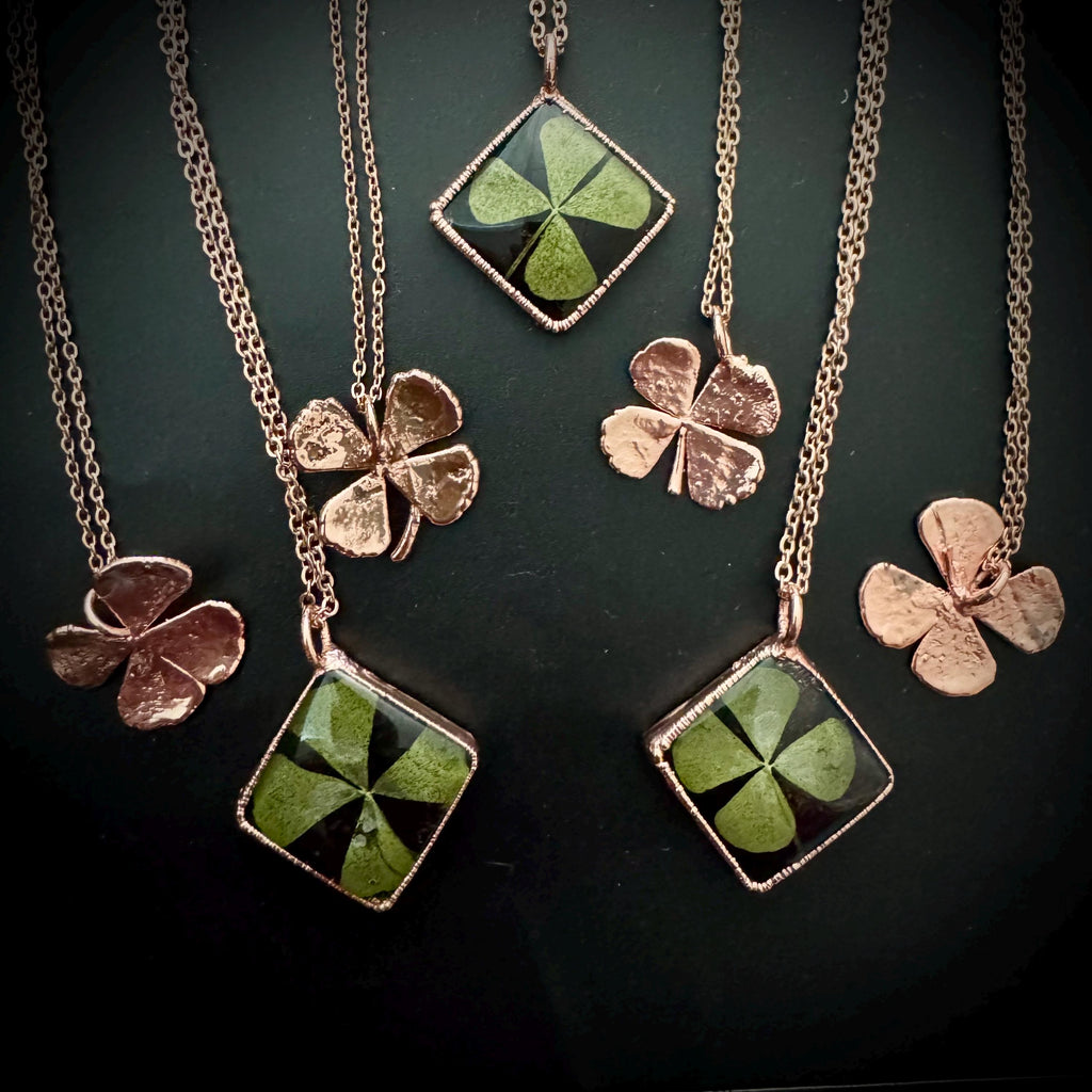 Electroformed Copper Four Leaf Clover Necklace: Botanical Jewelry