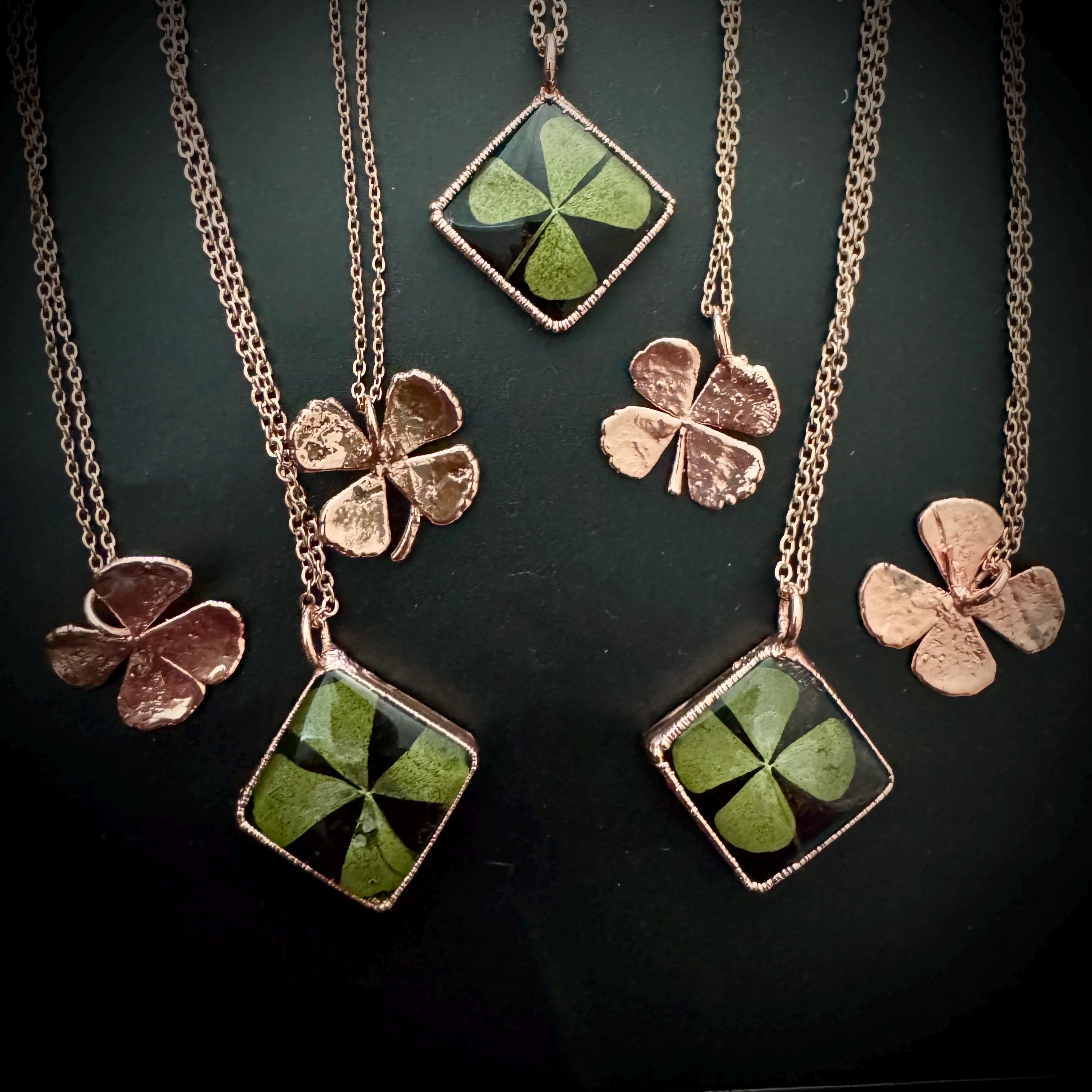 Electroformed Copper Four Leaf Clover Necklace: Botanical Jewelry