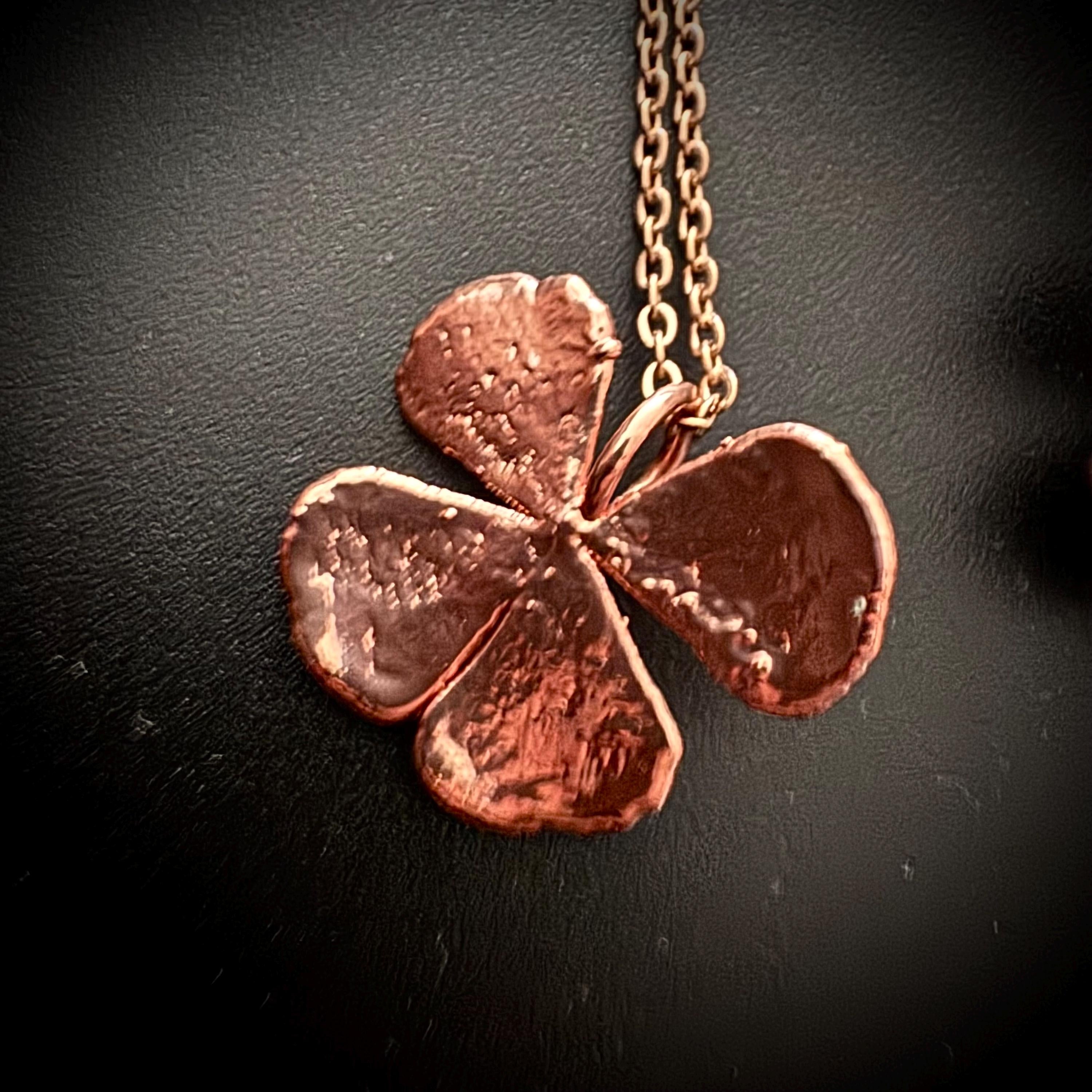 Electroformed Copper Four Leaf Clover Necklace: Botanical Jewelry