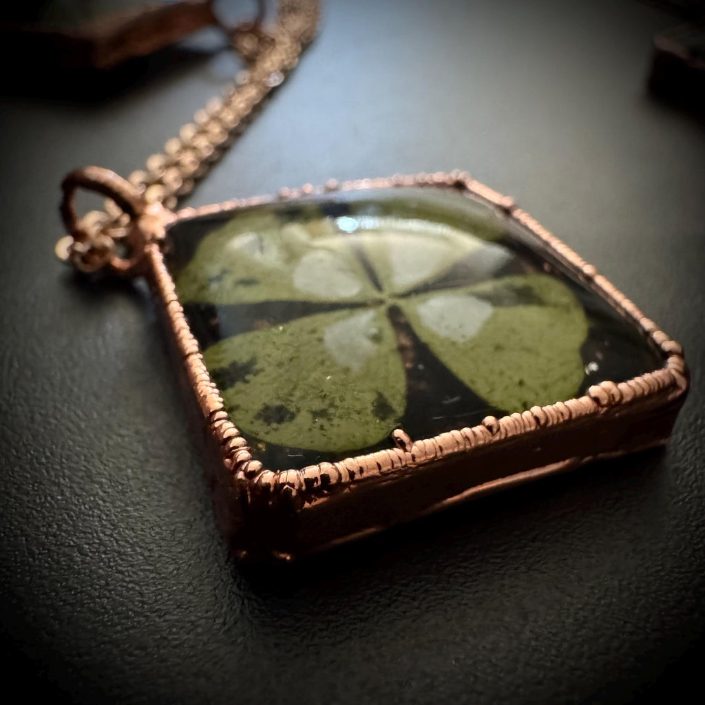 Real Four Leaf Clover Necklace: Copper Electroformed Pendant