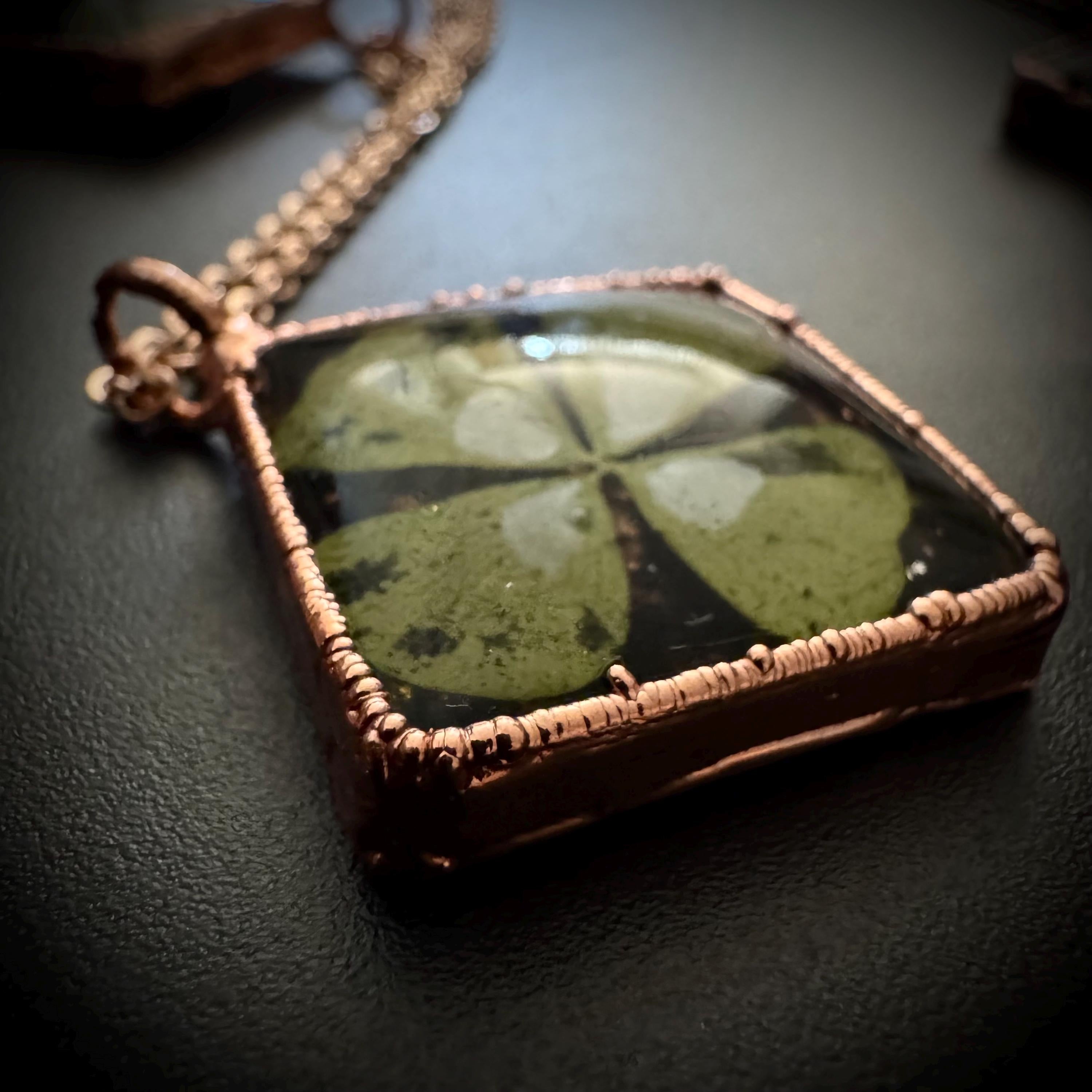 Real Four Leaf Clover Necklace: Copper Electroformed Pendant