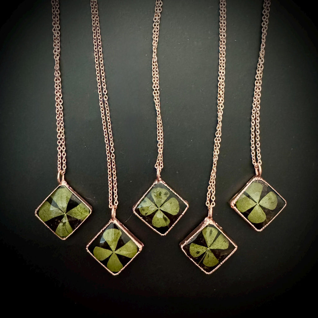 Real Four Leaf Clover Necklace: Copper Electroformed Pendant