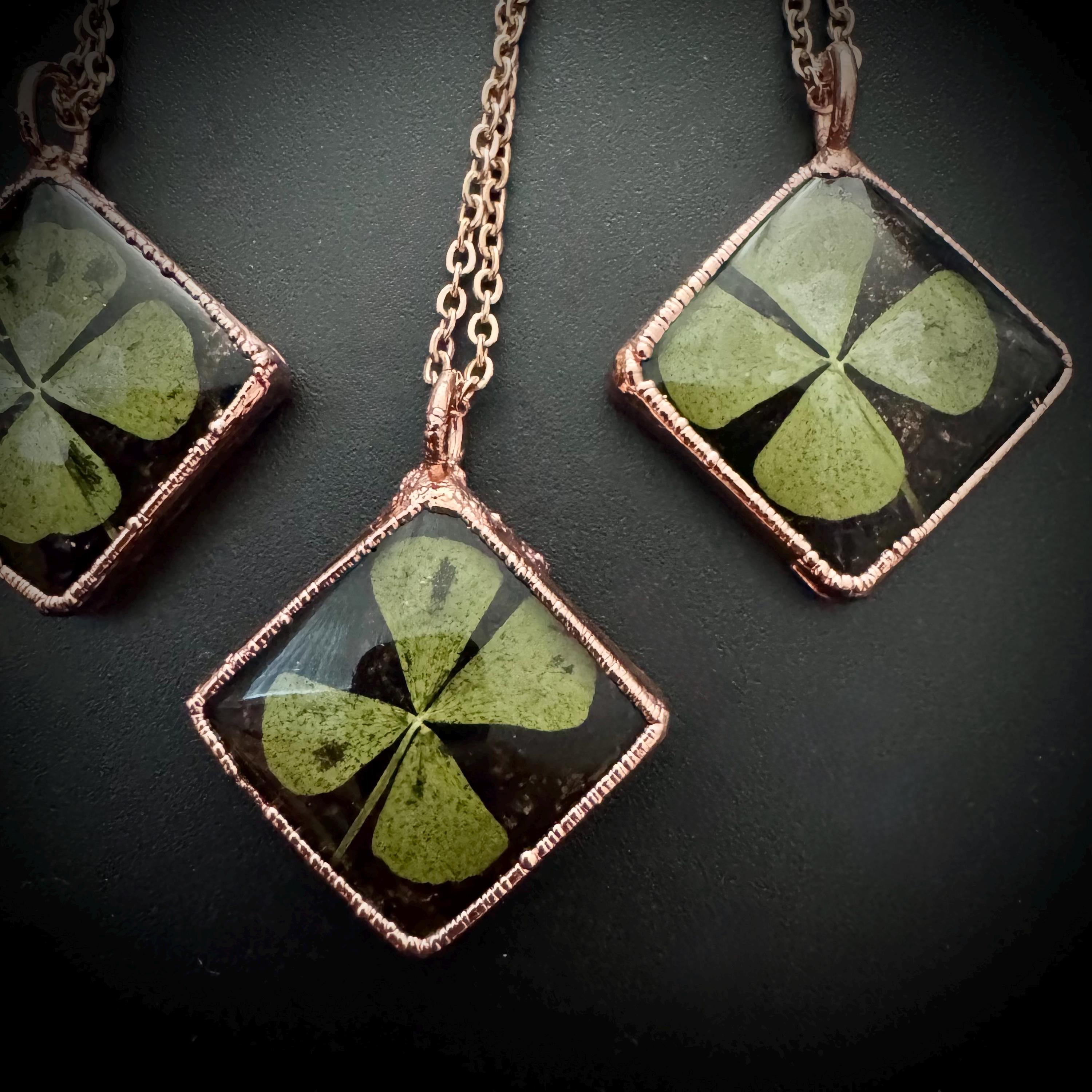 Real Four Leaf Clover Necklace: Copper Electroformed Pendant