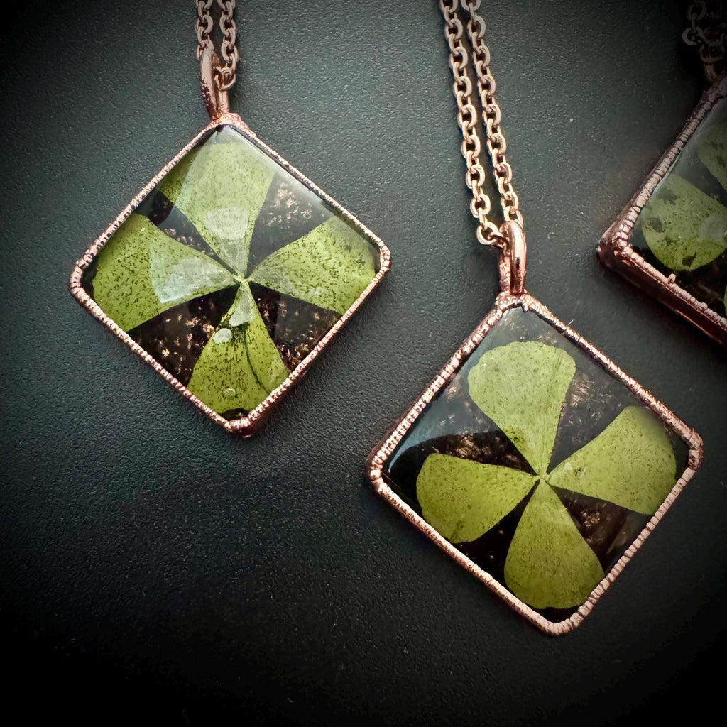 Real Four Leaf Clover Necklace: Copper Electroformed Pendant