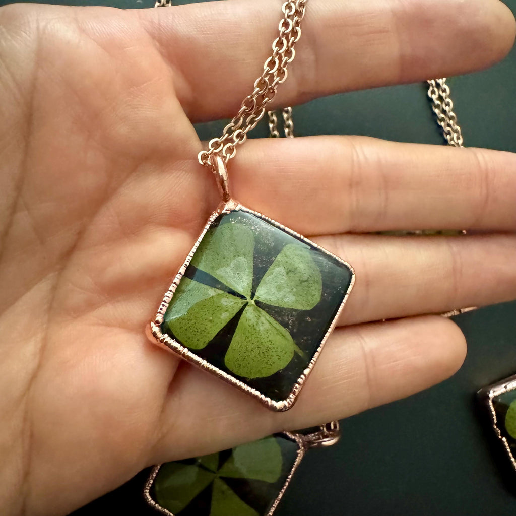 Real Four Leaf Clover Necklace: Copper Electroformed Pendant