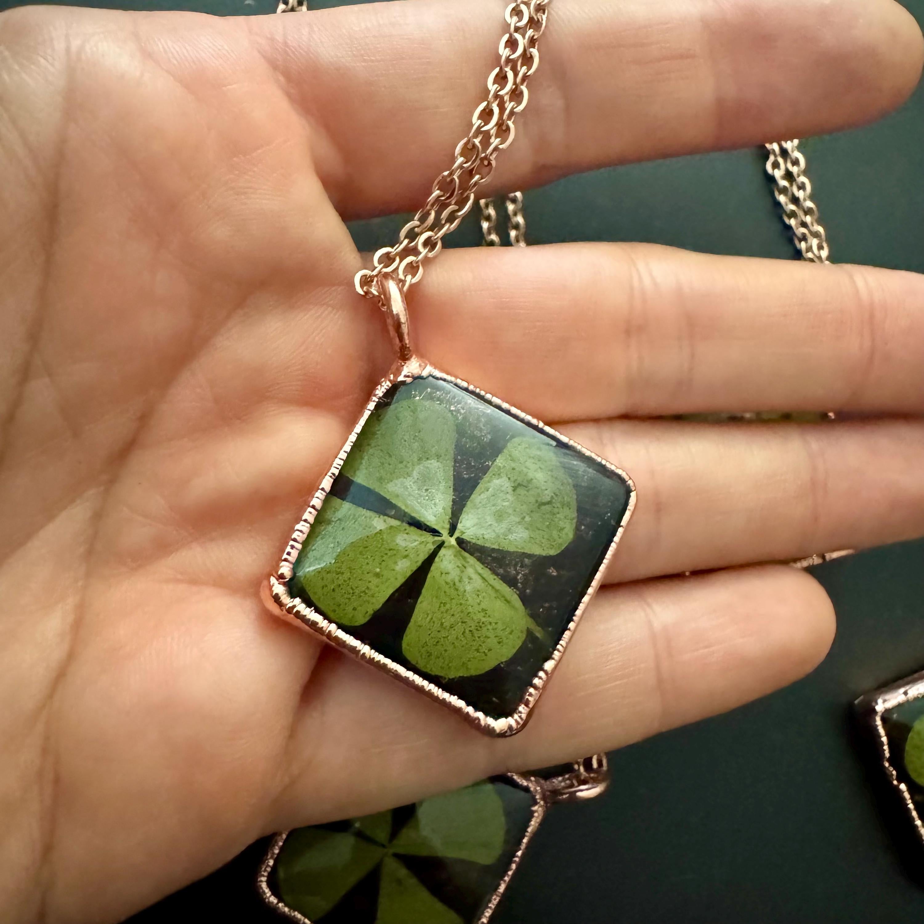 Real Four Leaf Clover Necklace: Copper Electroformed Pendant