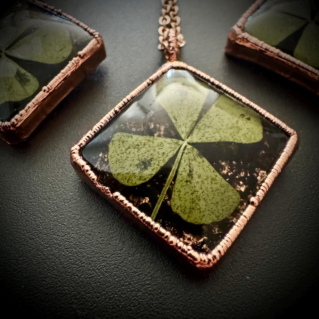 Real Four Leaf Clover Necklace: Copper Electroformed Pendant