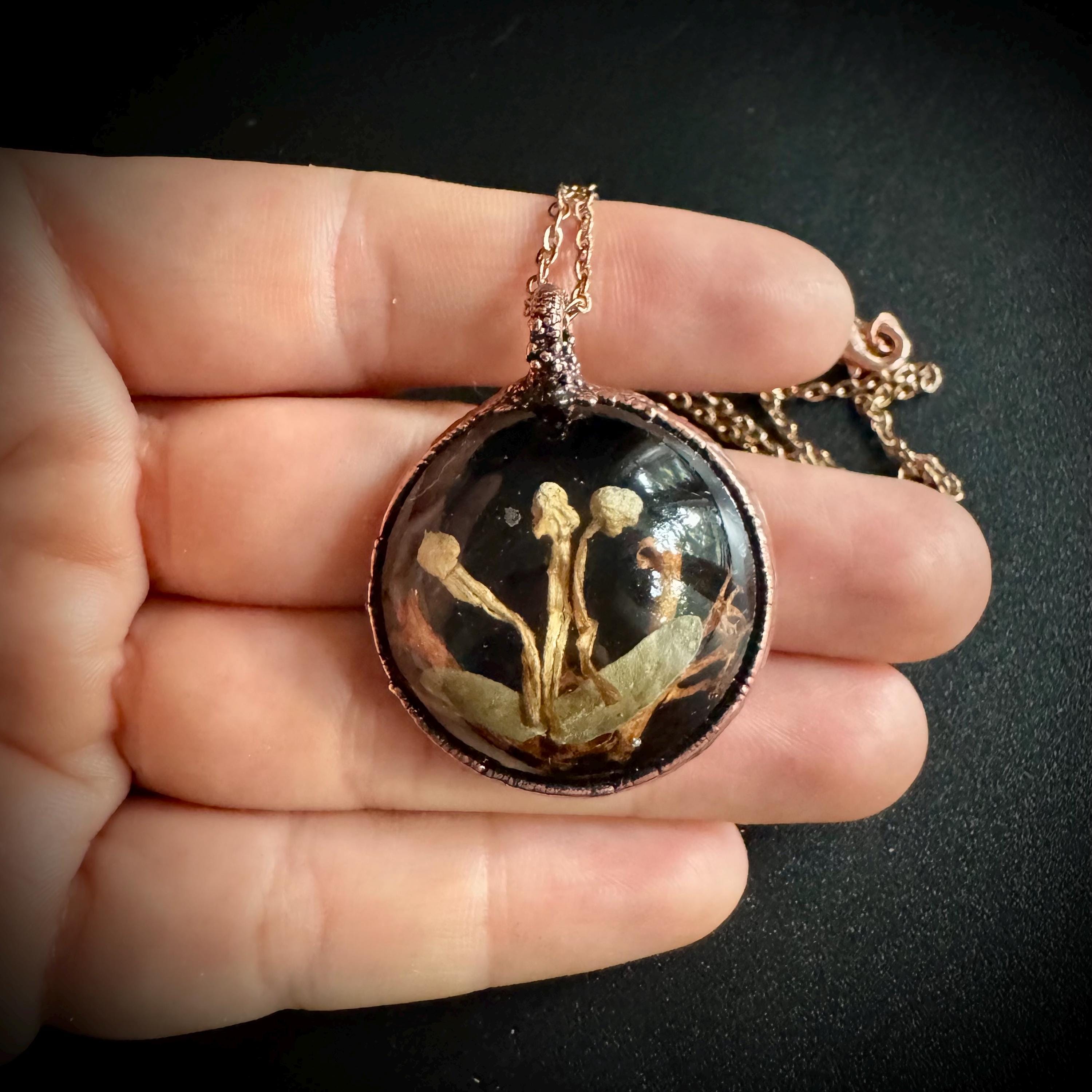Electroformed Copper Goblincore Mushroom Garden Pendant | Real Plant in Resin | Mushroom Necklace