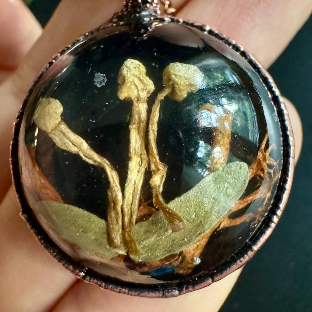 Electroformed Copper Goblincore Mushroom Garden Pendant | Real Plant in Resin | Mushroom Necklace