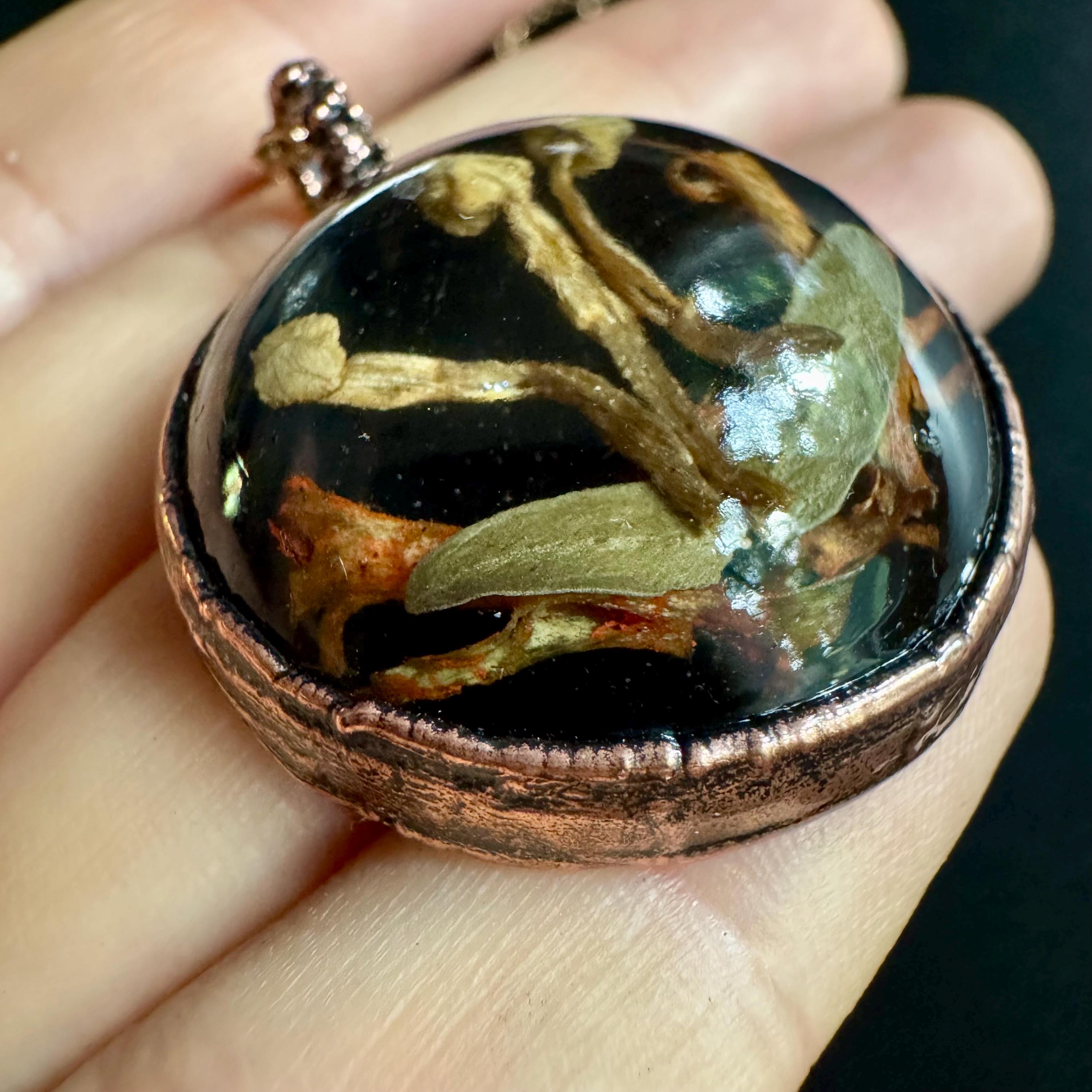 Electroformed Copper Goblincore Mushroom Garden Pendant | Real Plant in Resin | Mushroom Necklace