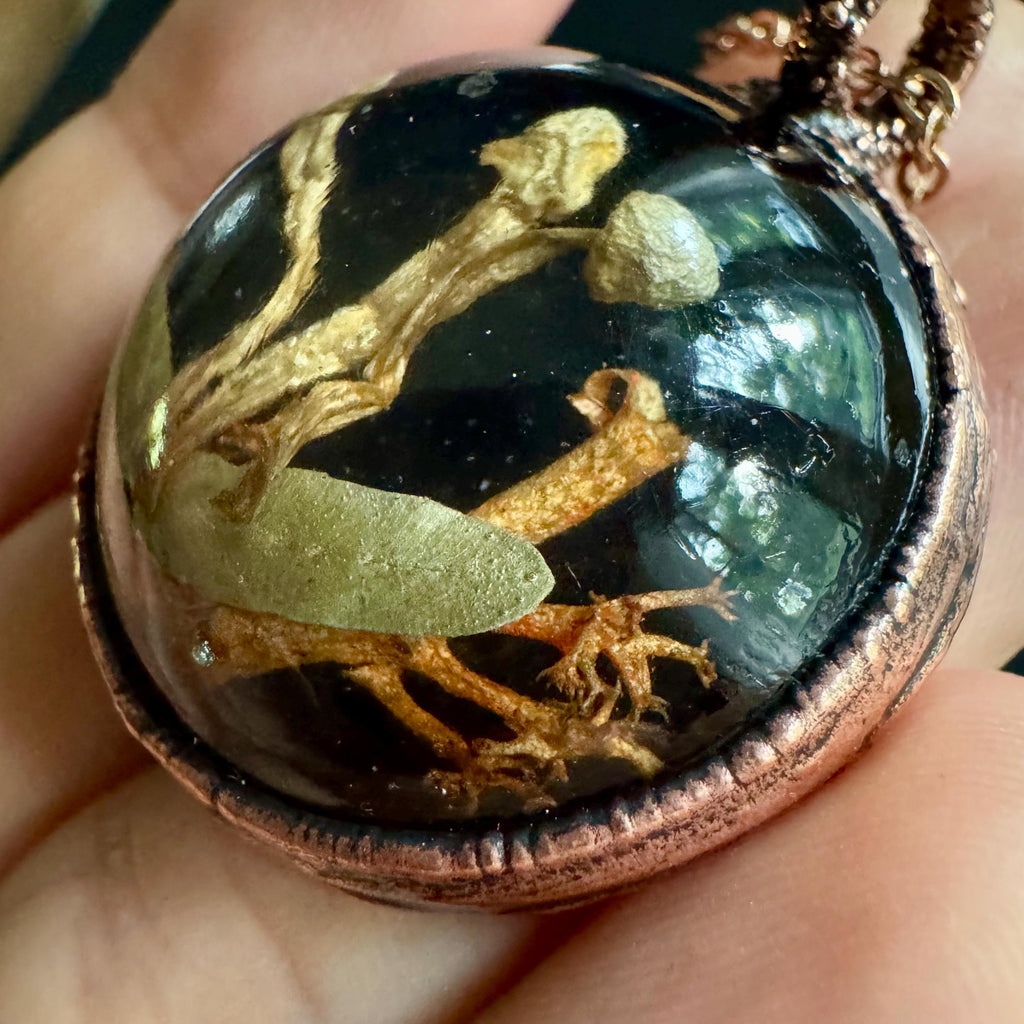 Electroformed Copper Goblincore Mushroom Garden Pendant | Real Plant in Resin | Mushroom Necklace