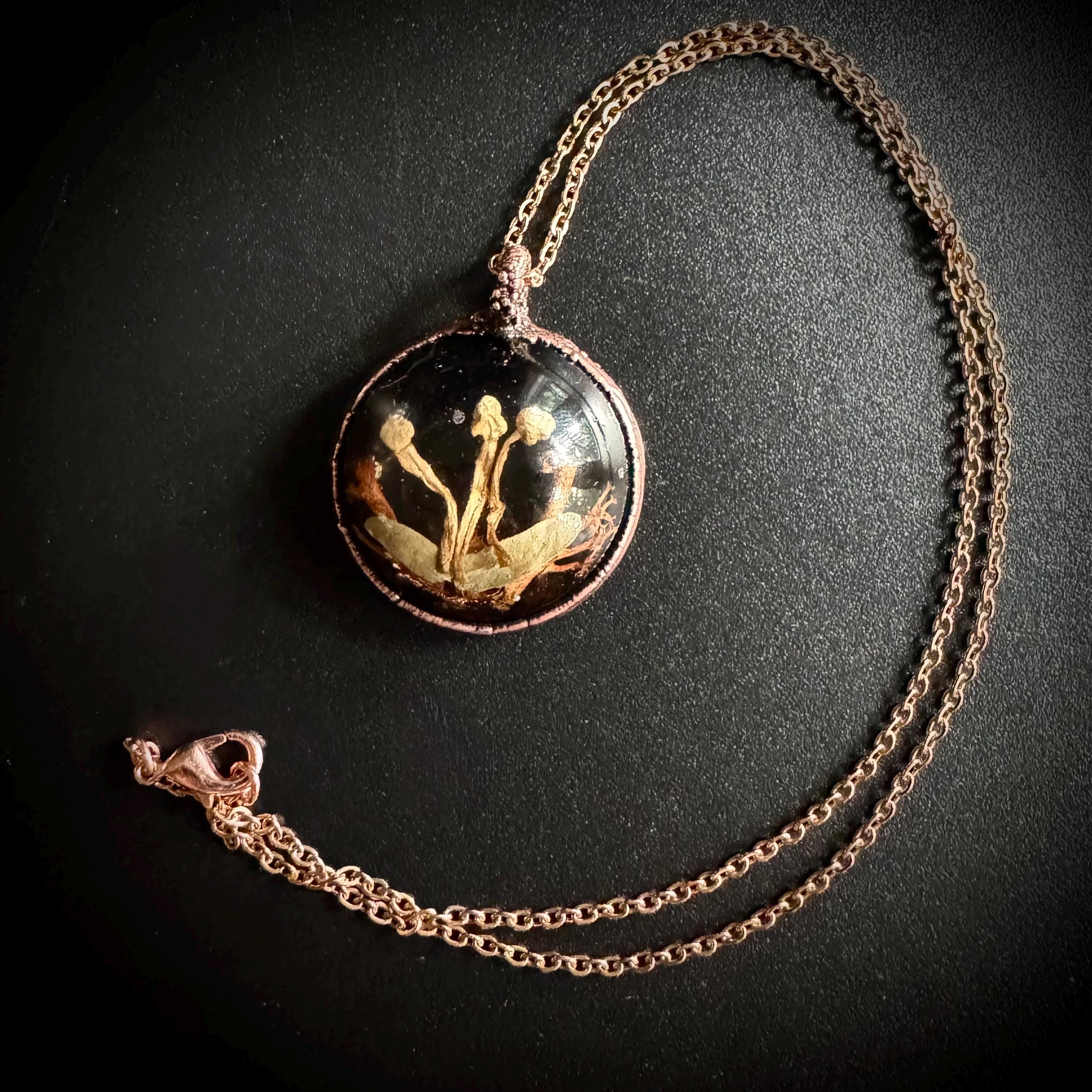 Electroformed Copper Goblincore Mushroom Garden Pendant | Real Plant in Resin | Mushroom Necklace