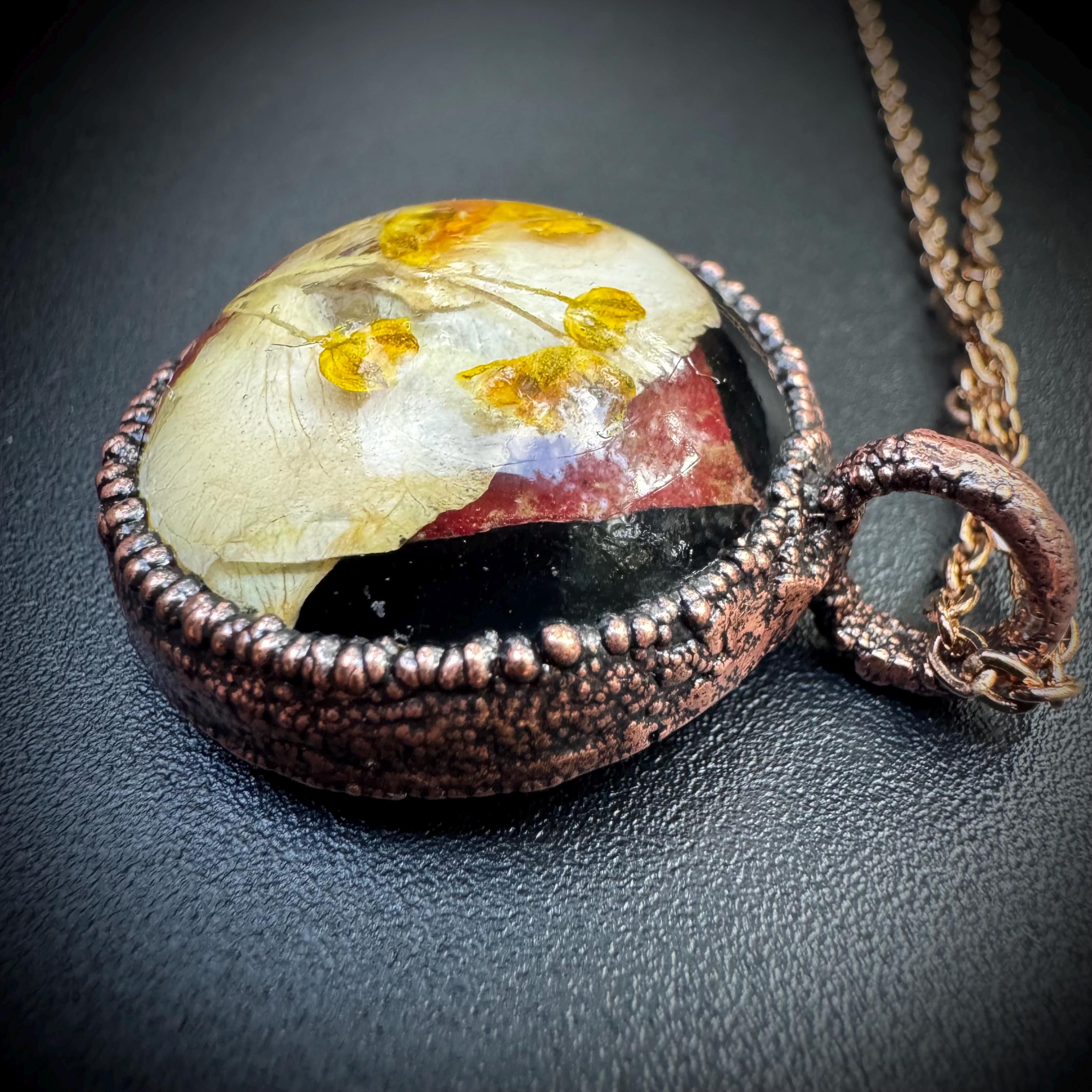 Electroformed Copper Flower Pendant: Dried Resin Necklace