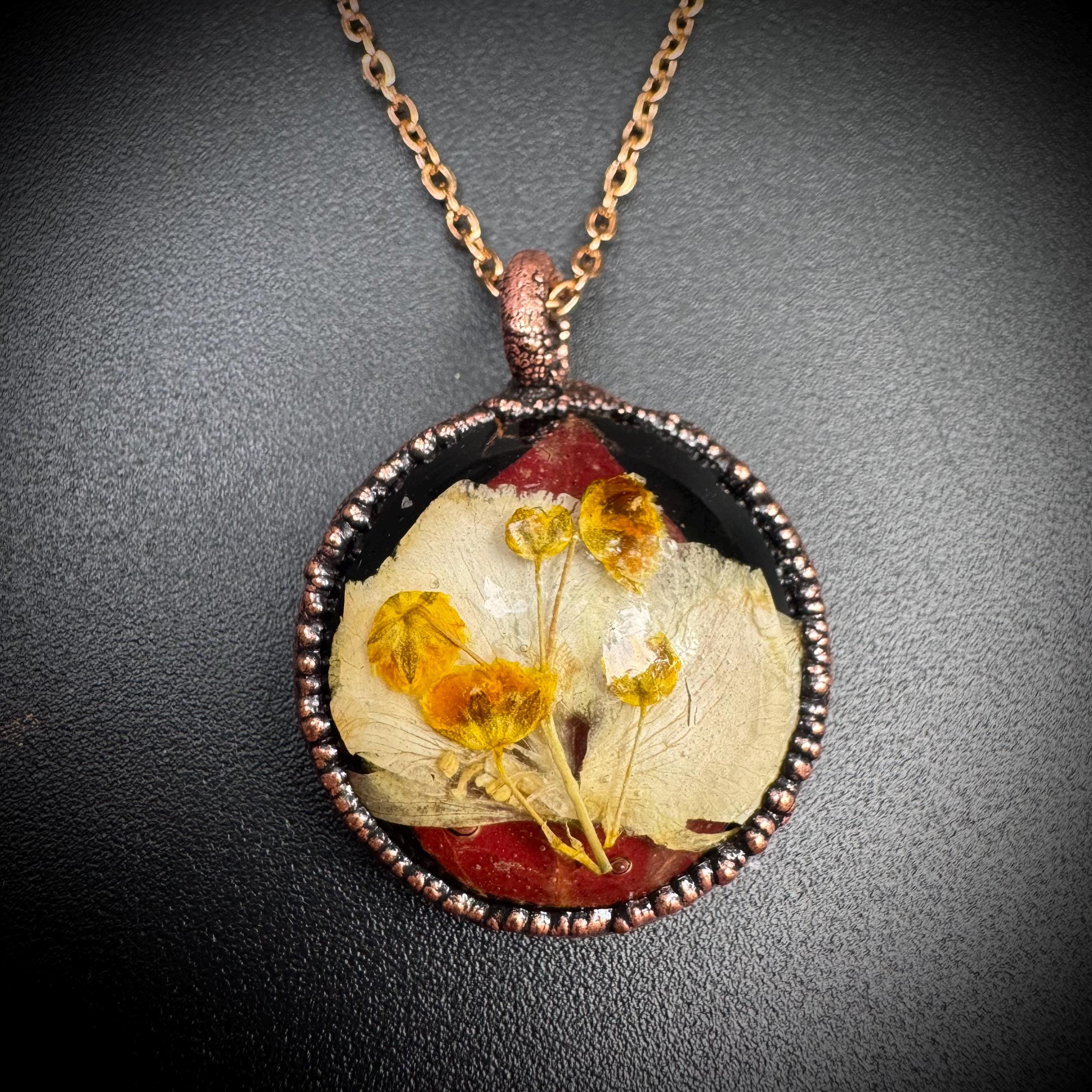 Electroformed Copper Flower Pendant: Dried Resin Necklace