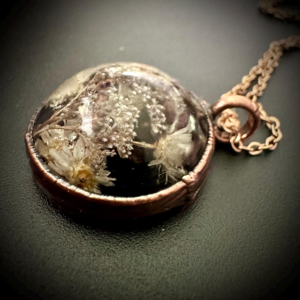 Electroformed Copper Flower Pendant: Dried Resin Necklace