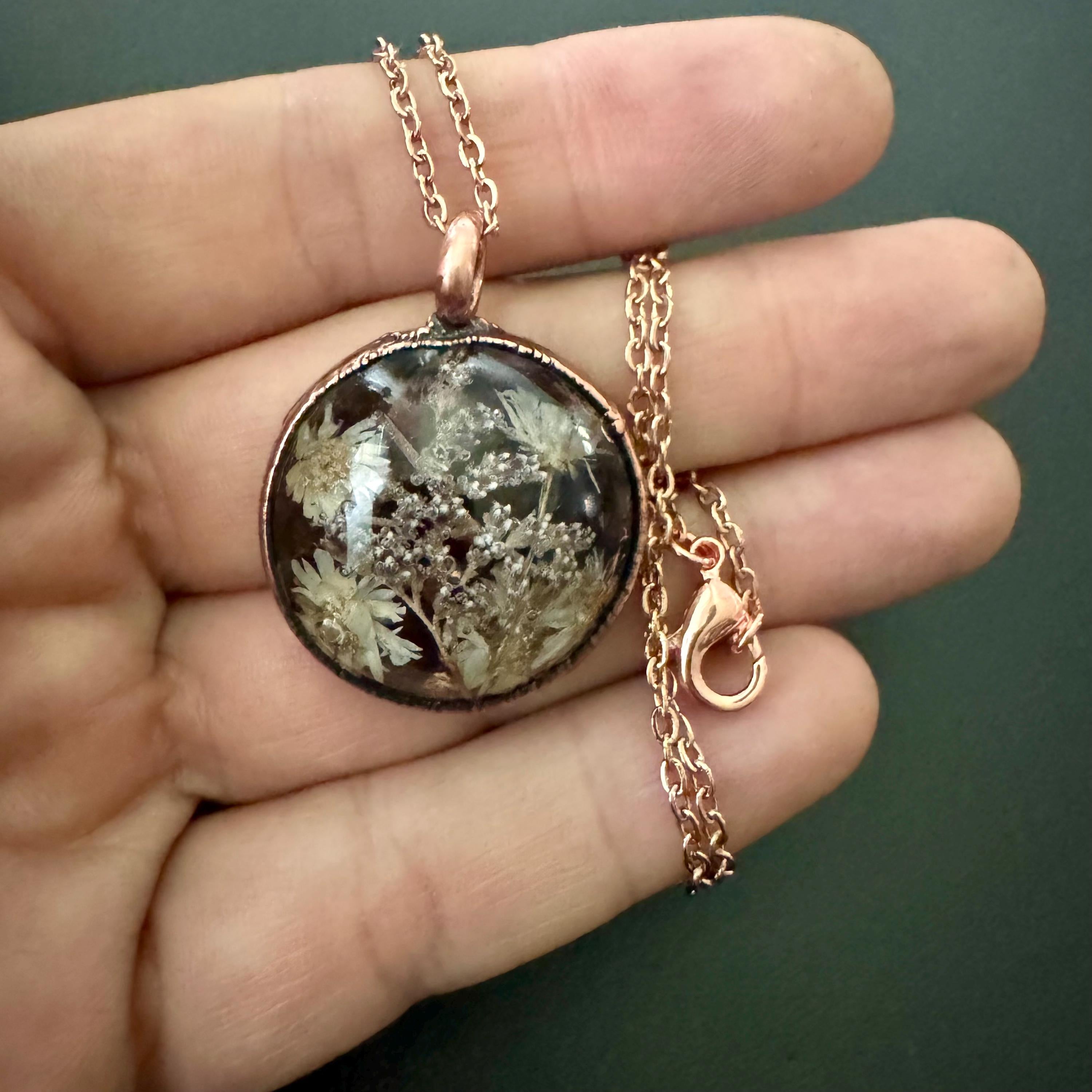 Electroformed Copper Flower Pendant: Dried Resin Necklace