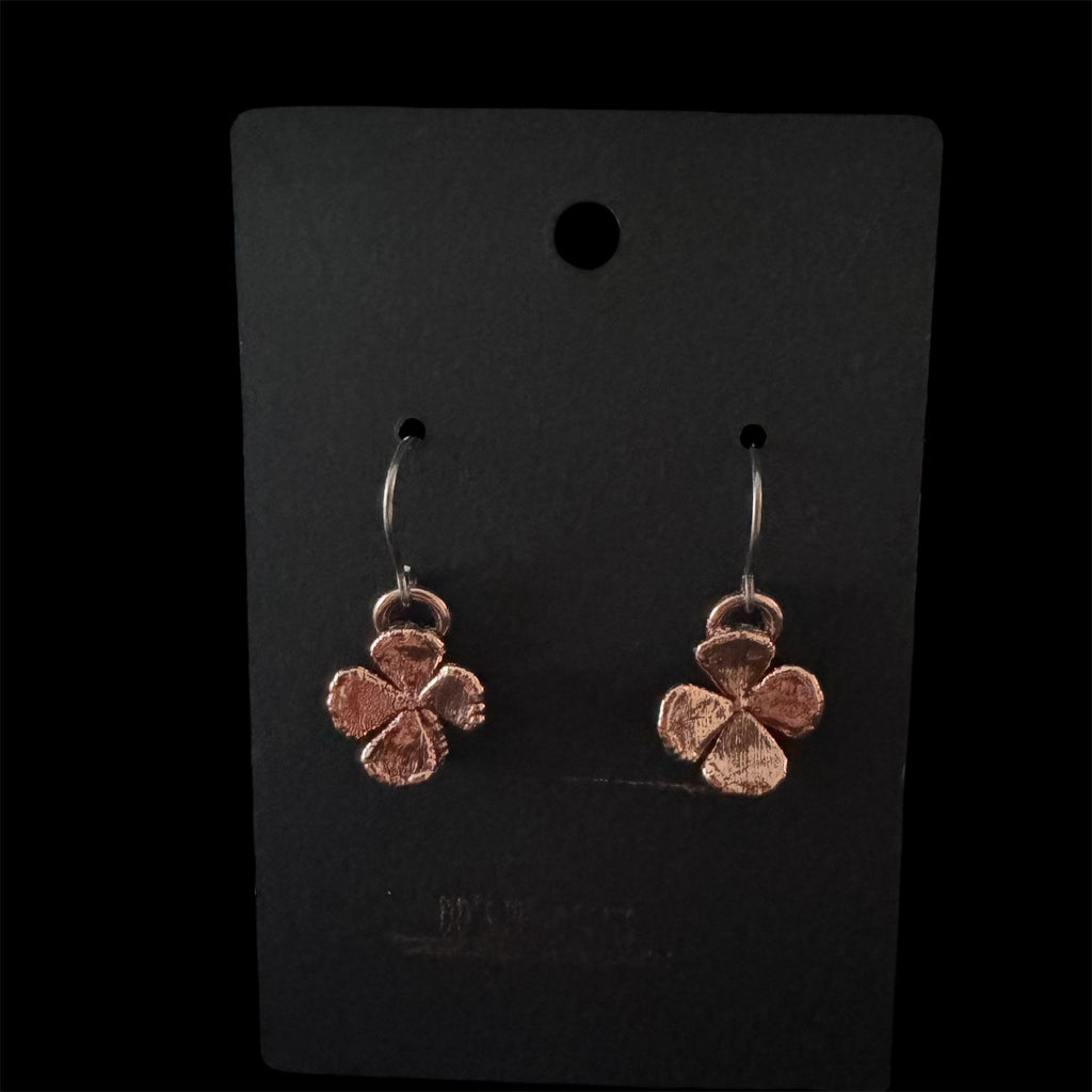 Real 4 Leaf Clover Electroformed Copper Dangle Earrings on Niobium Ear Wires