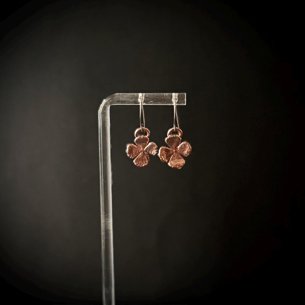 Real 4 Leaf Clover Electroformed Copper Dangle Earrings on Niobium Ear Wires
