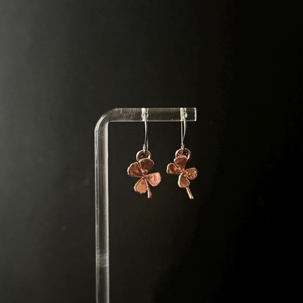Real 4 Leaf Clover Electroformed Copper Dangle Earrings on Niobium Ear Wires
