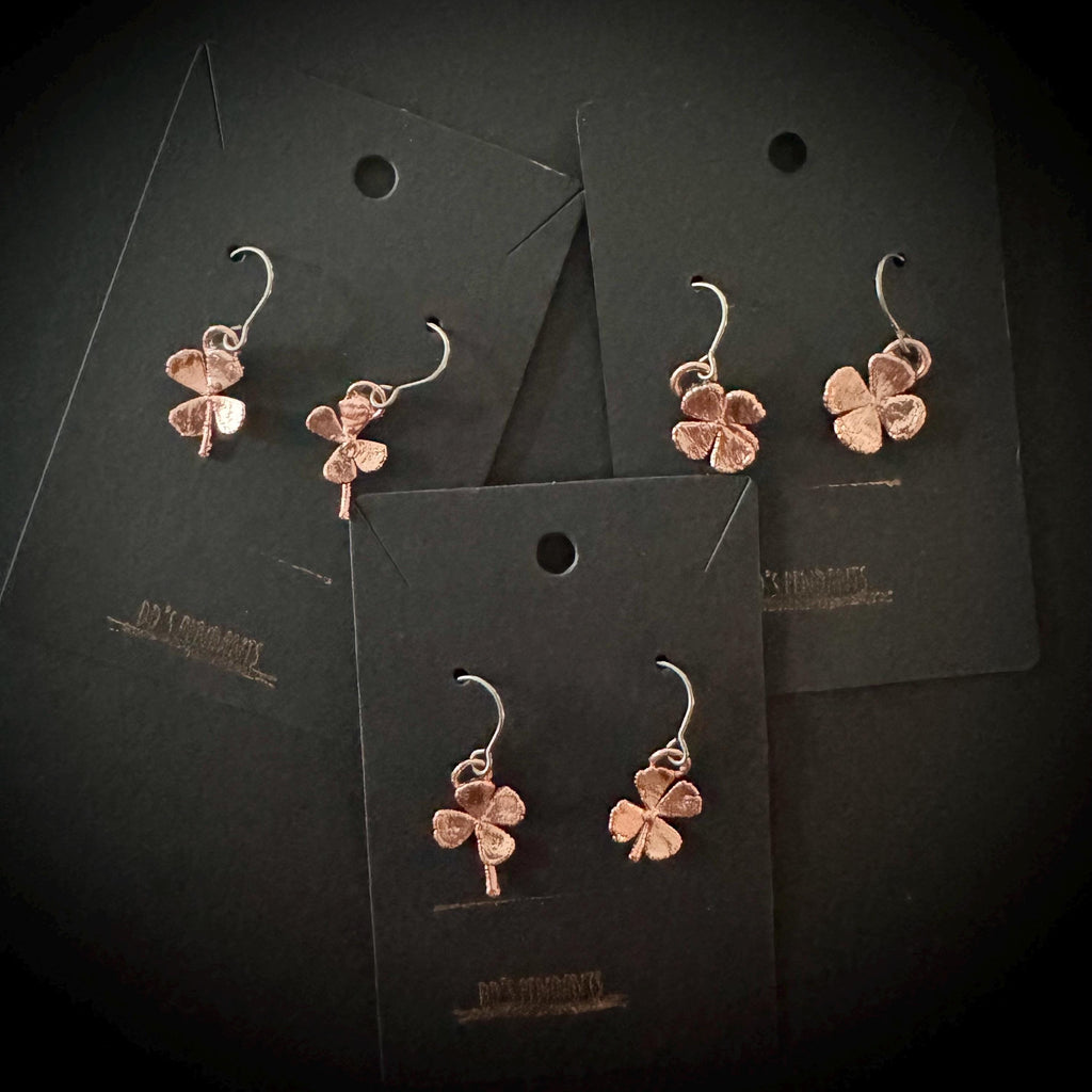 Real 4 Leaf Clover Electroformed Copper Dangle Earrings on Niobium Ear Wires