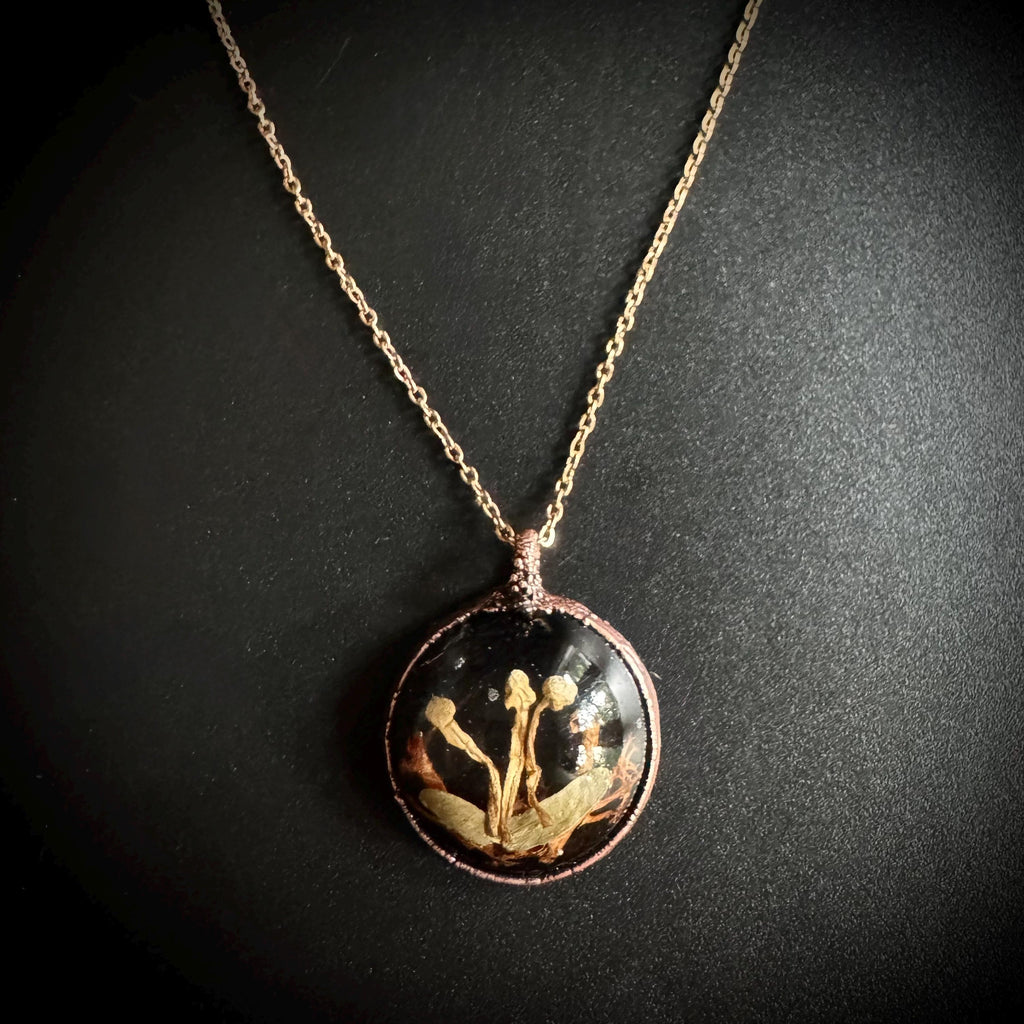 Electroformed Copper Goblincore Mushroom Garden Pendant | Real Plant in Resin | Mushroom Necklace