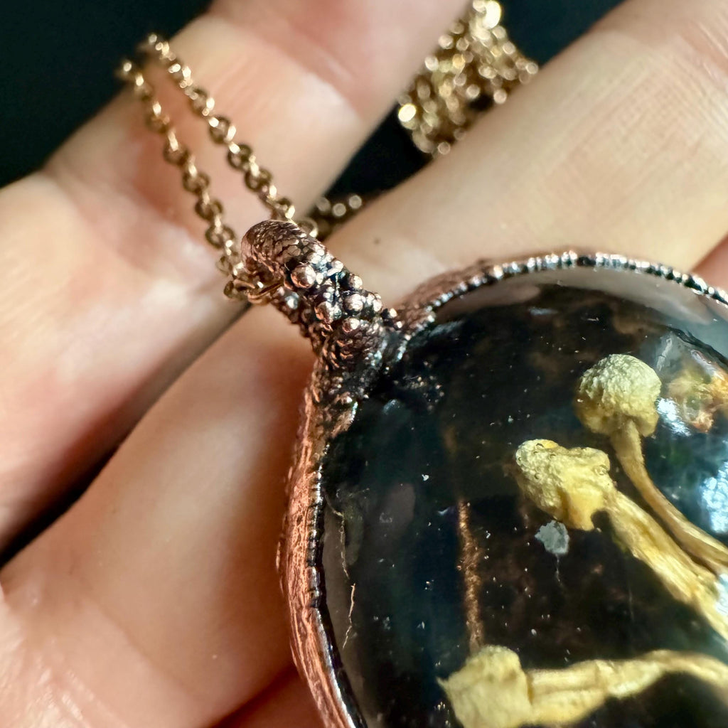 Electroformed Copper Goblincore Mushroom Garden Pendant | Real Plant in Resin | Mushroom Necklace