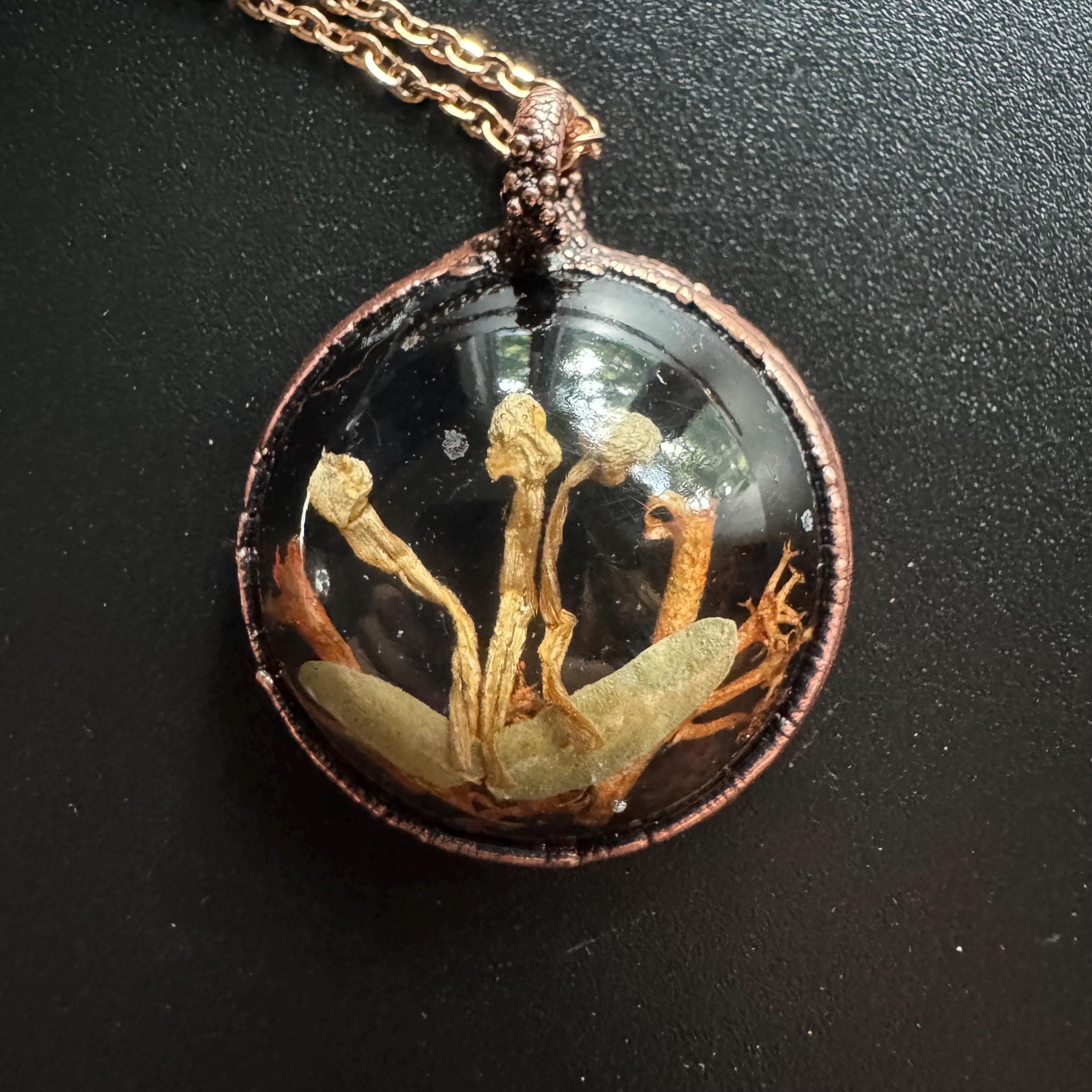 Electroformed Copper Goblincore Mushroom Garden Pendant | Real Plant in Resin | Mushroom Necklace