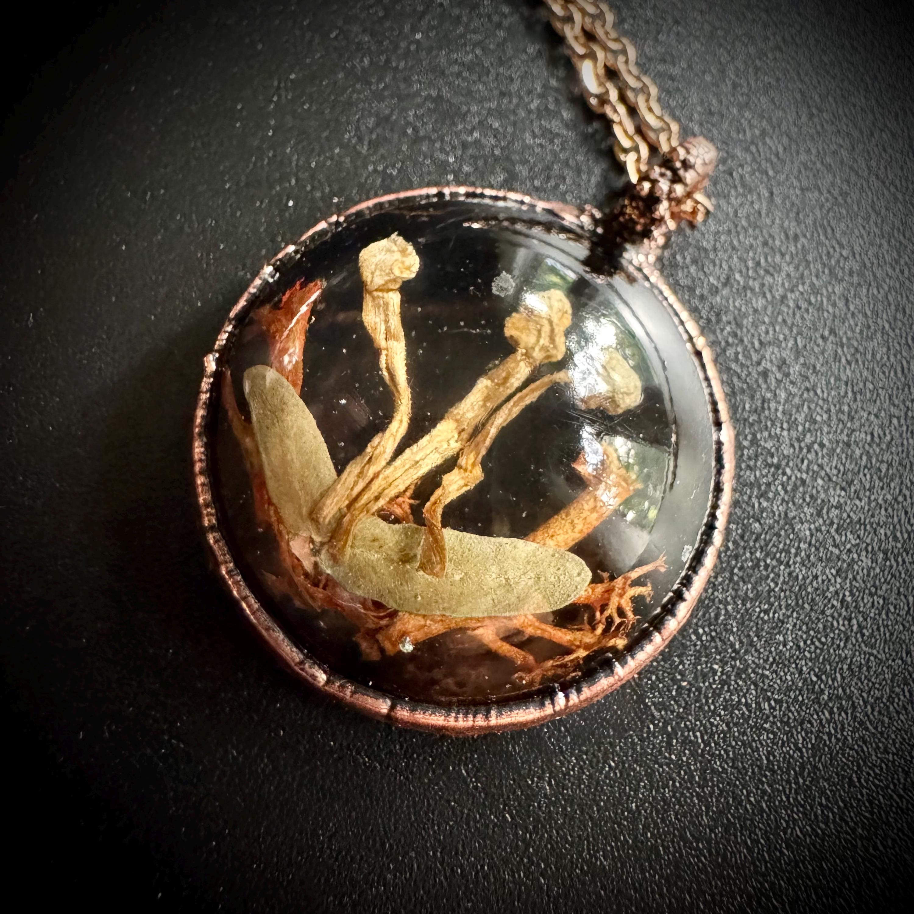 Electroformed Copper Goblincore Mushroom Garden Pendant | Real Plant in Resin | Mushroom Necklace