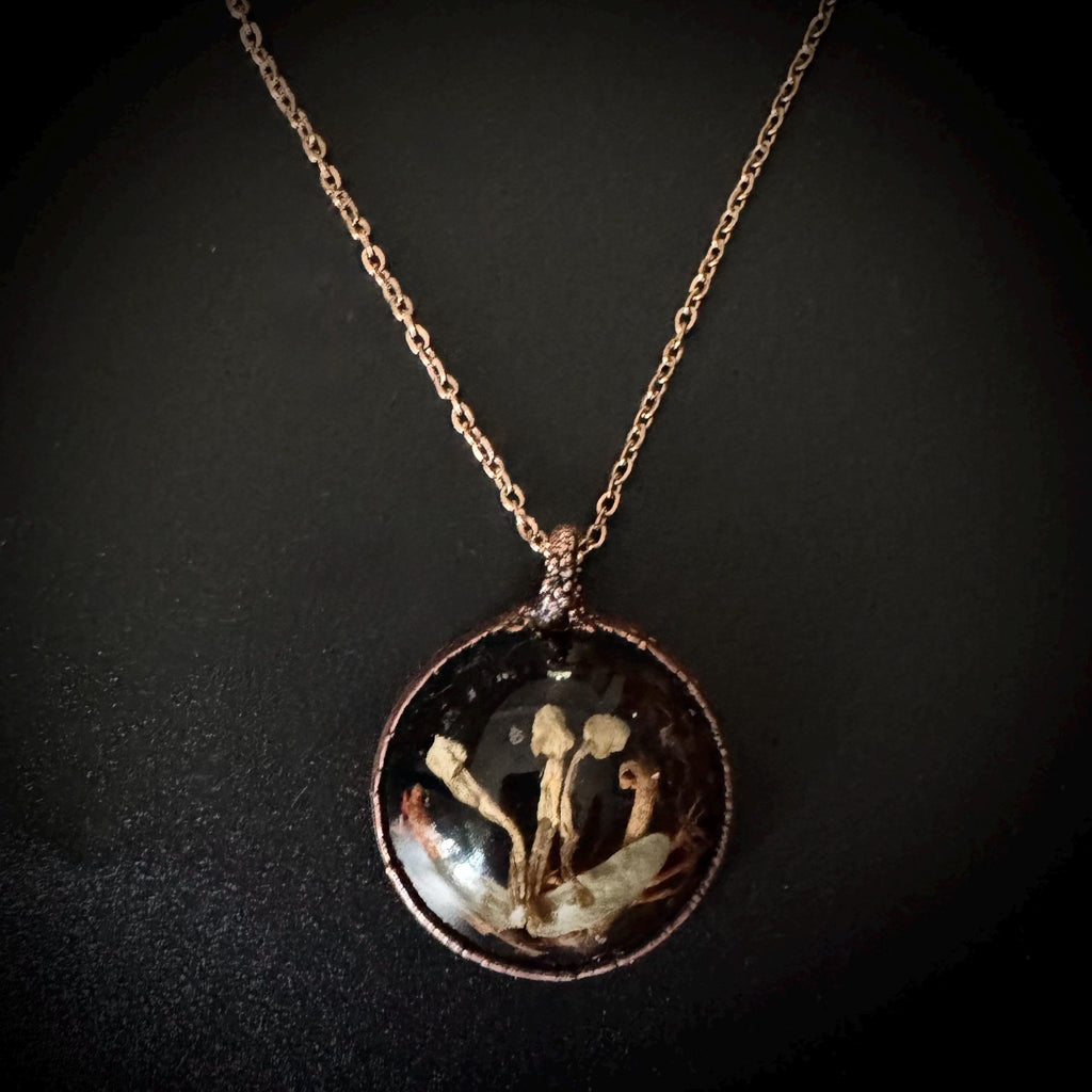Electroformed Copper Goblincore Mushroom Garden Pendant | Real Plant in Resin | Mushroom Necklace