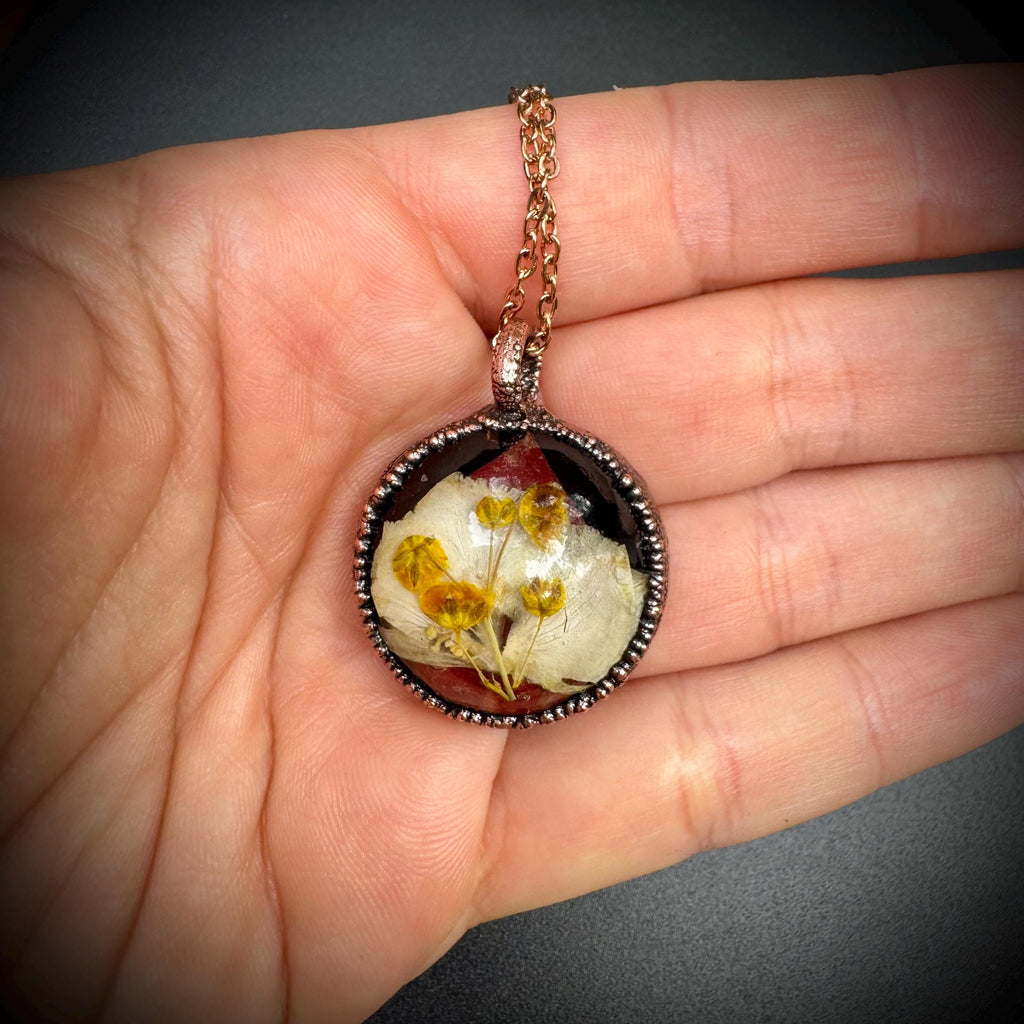 Electroformed Copper Flower Pendant: Dried Resin Necklace