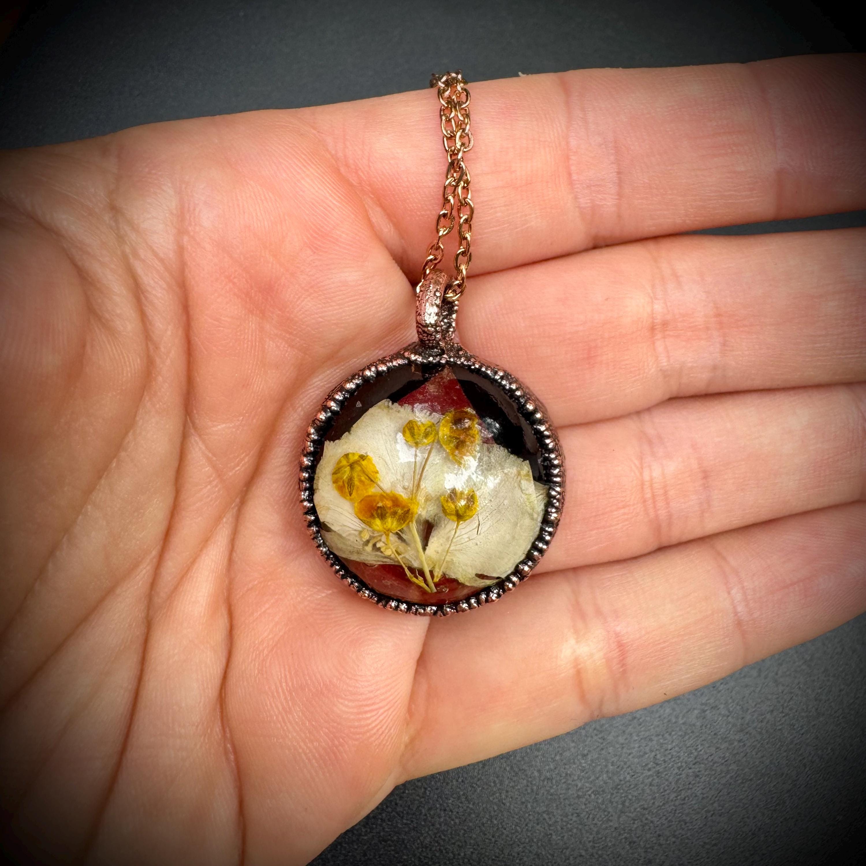 Electroformed Copper Flower Pendant: Dried Resin Necklace