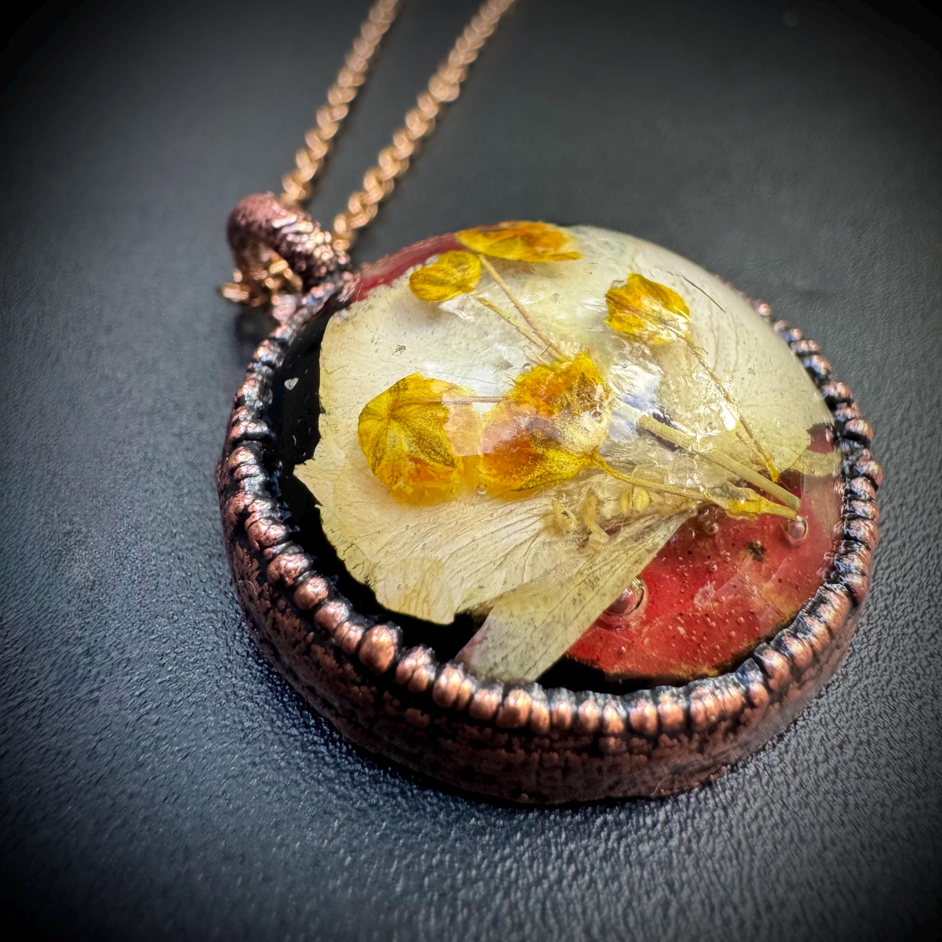 Electroformed Copper Flower Pendant: Dried Resin Necklace