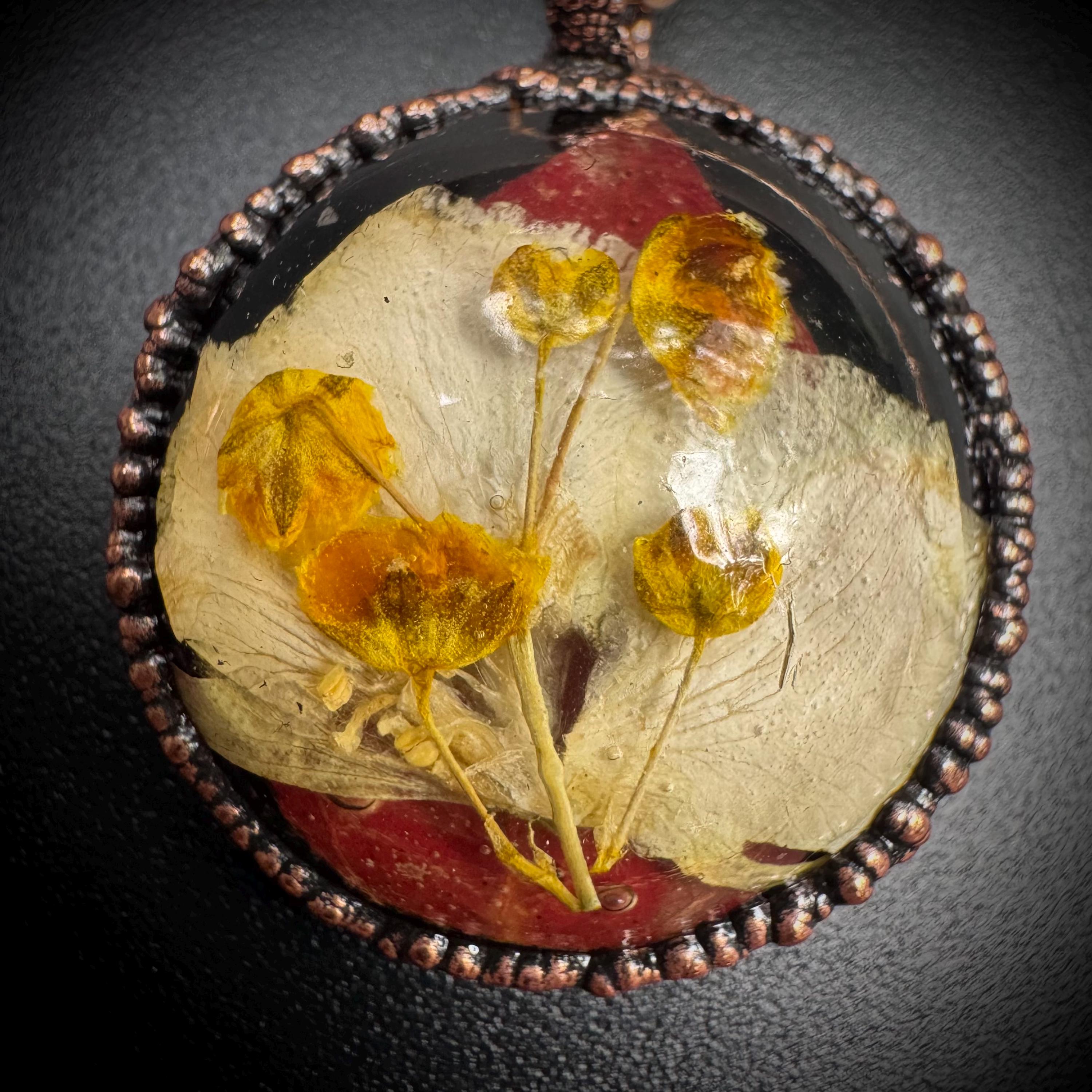 Electroformed Copper Flower Pendant: Dried Resin Necklace