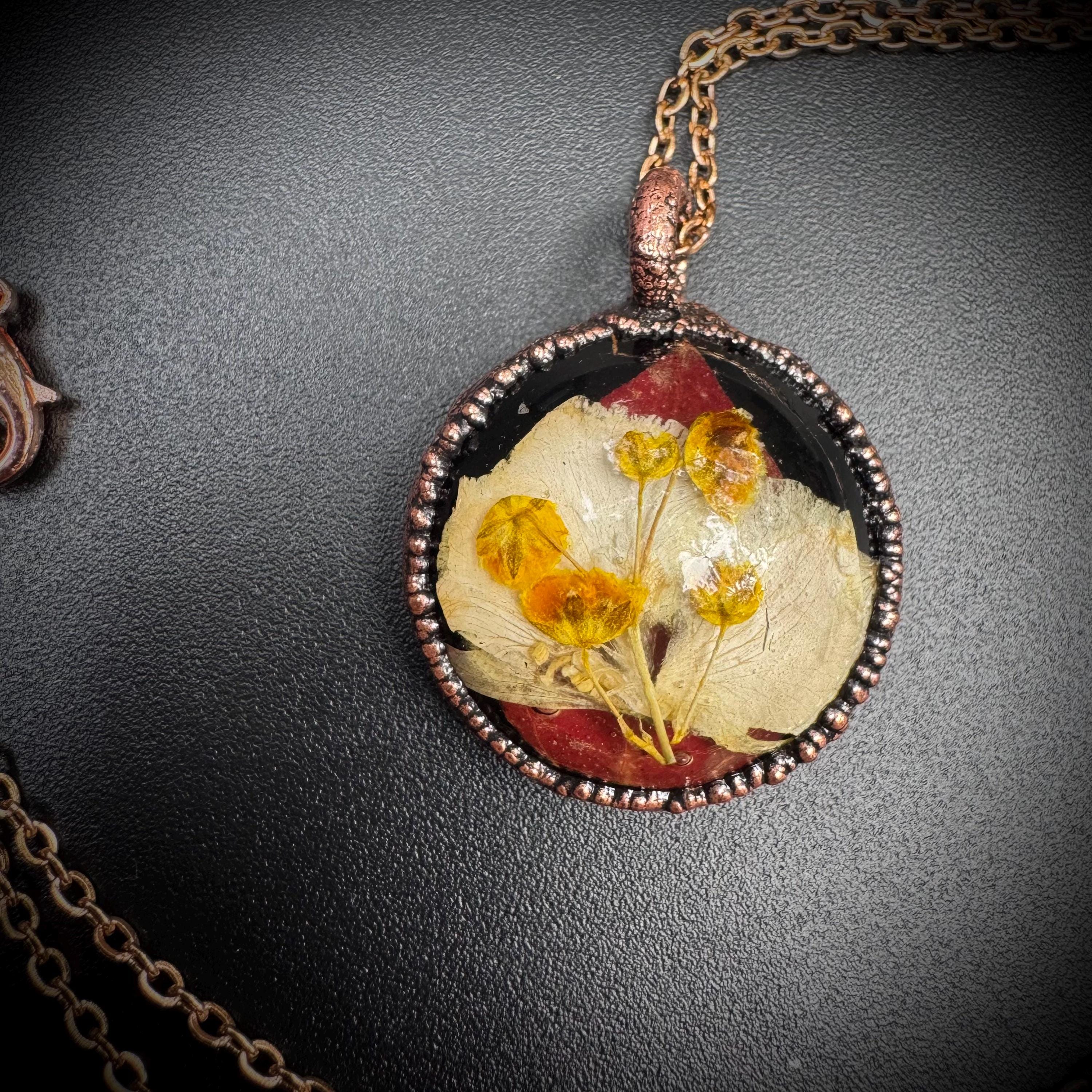 Electroformed Copper Flower Pendant: Dried Resin Necklace